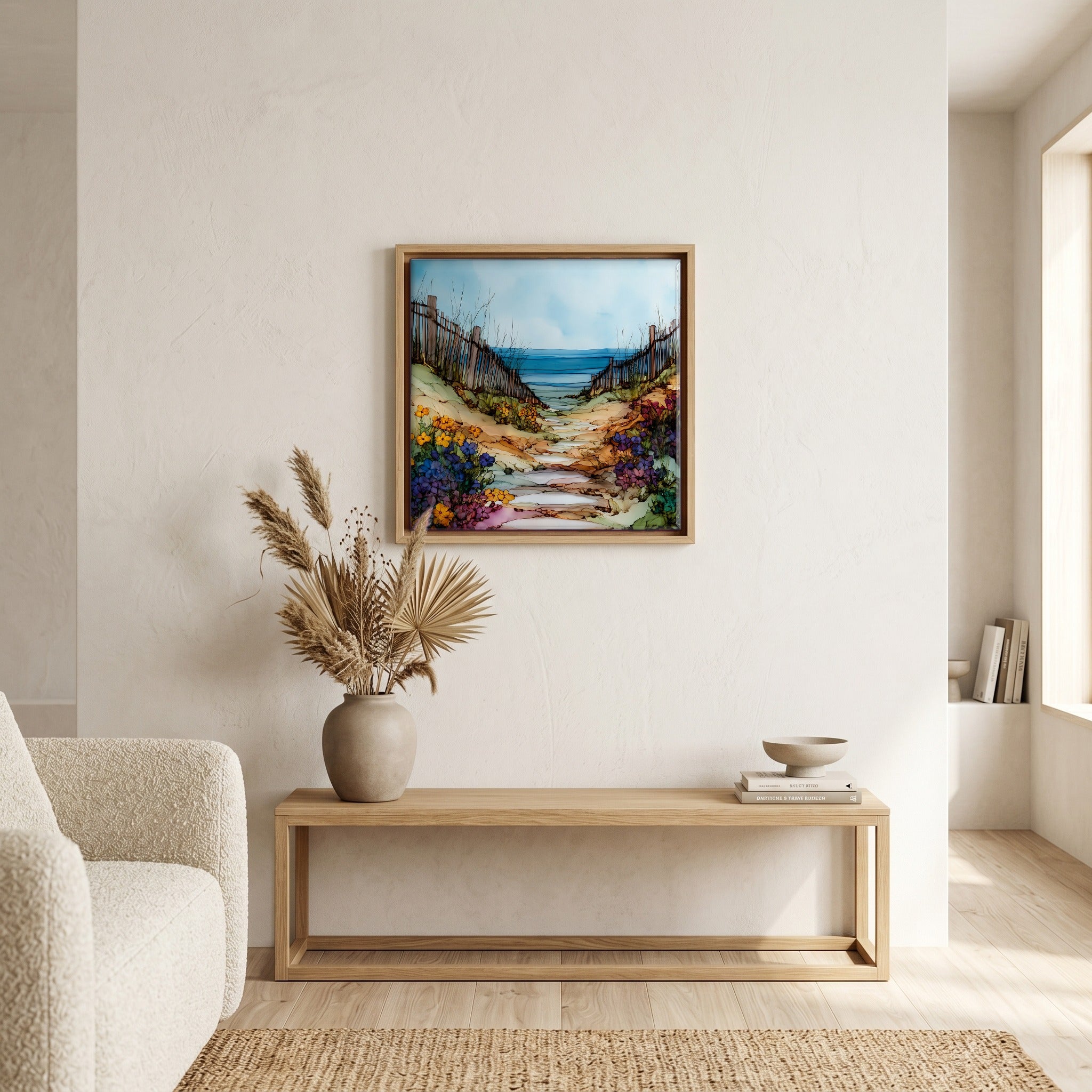 In the living room, above the sofa.