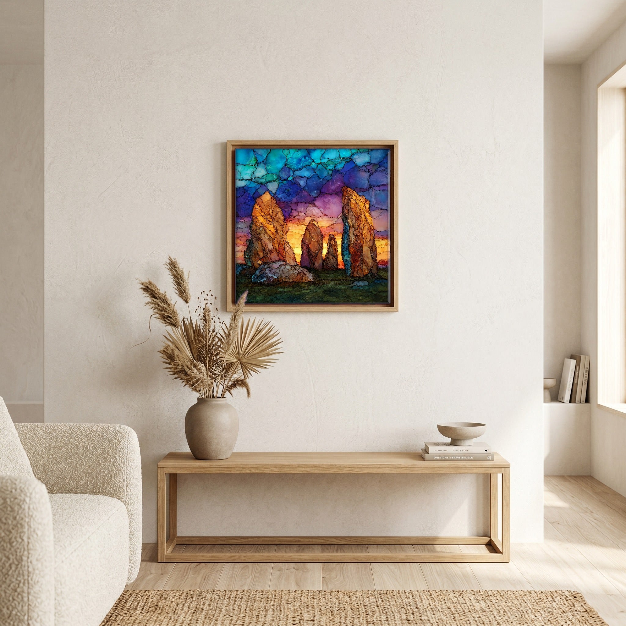 Above the bench, in a warm oak surround.