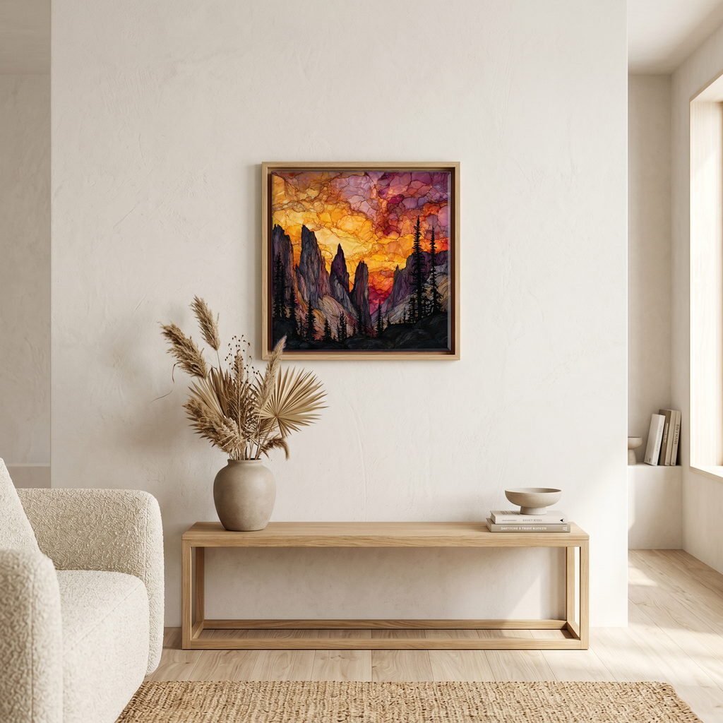 Above the bench, in a warm oak surround.