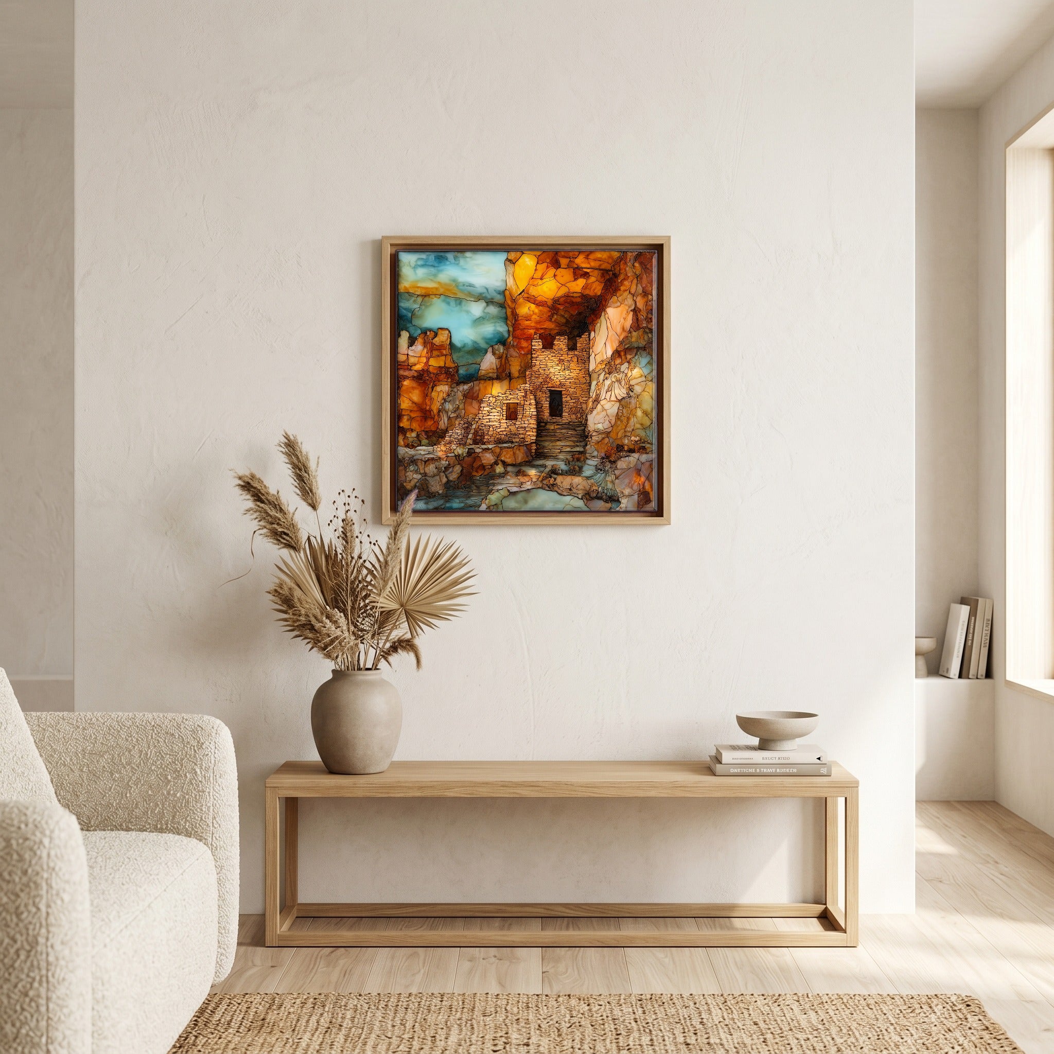 In the living room, above the sofa.