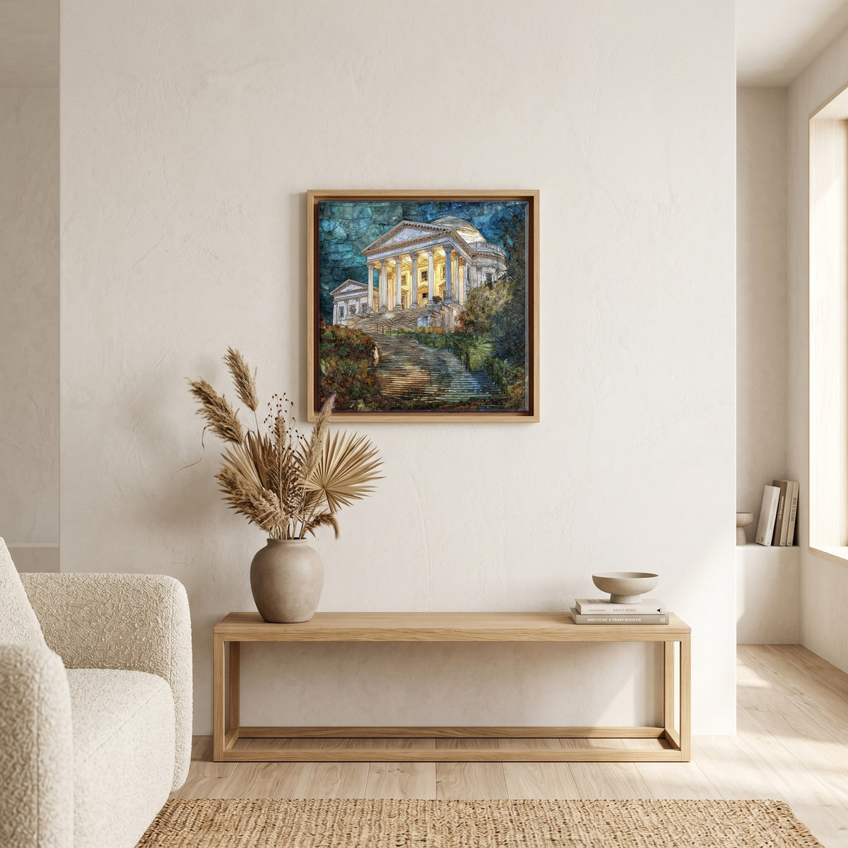 In the living room, above the sofa.