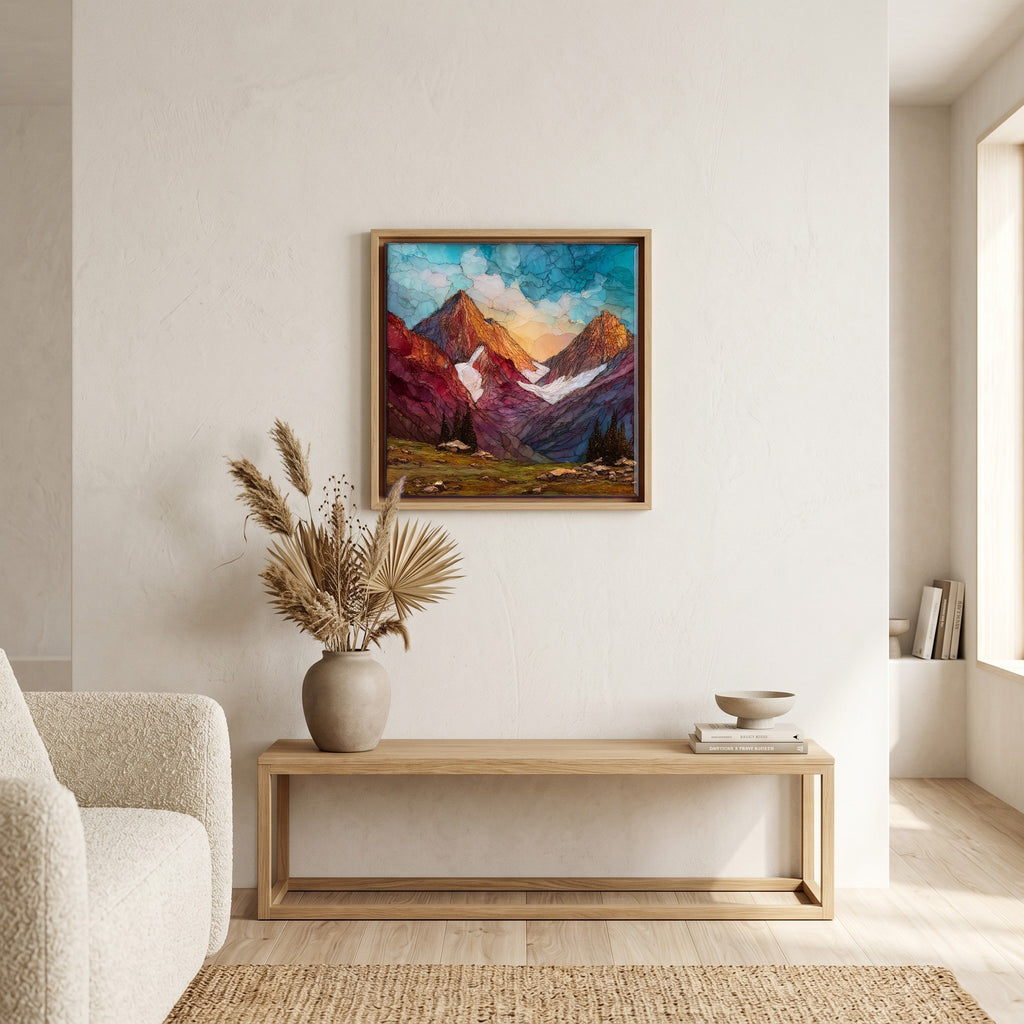 In the living room, above the sofa.