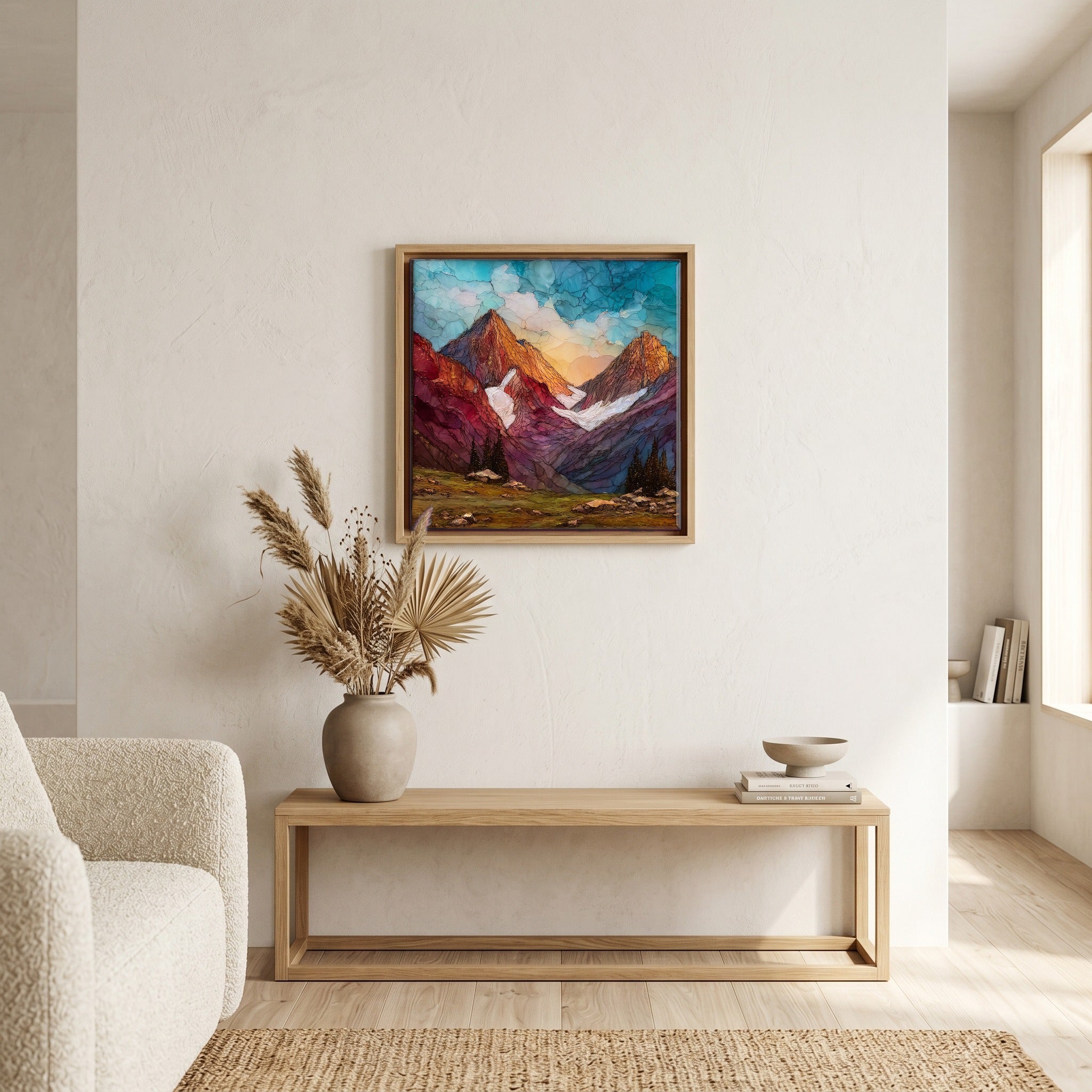 In the living room, above the sofa.
