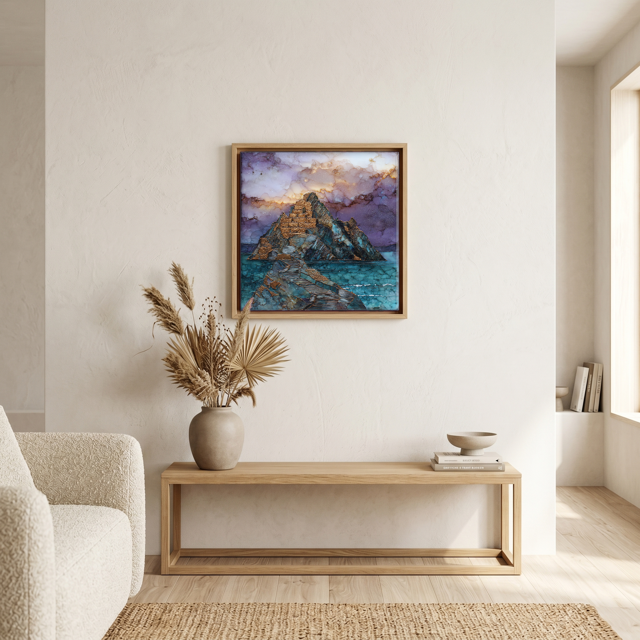 Above the bench, in a warm oak surround.