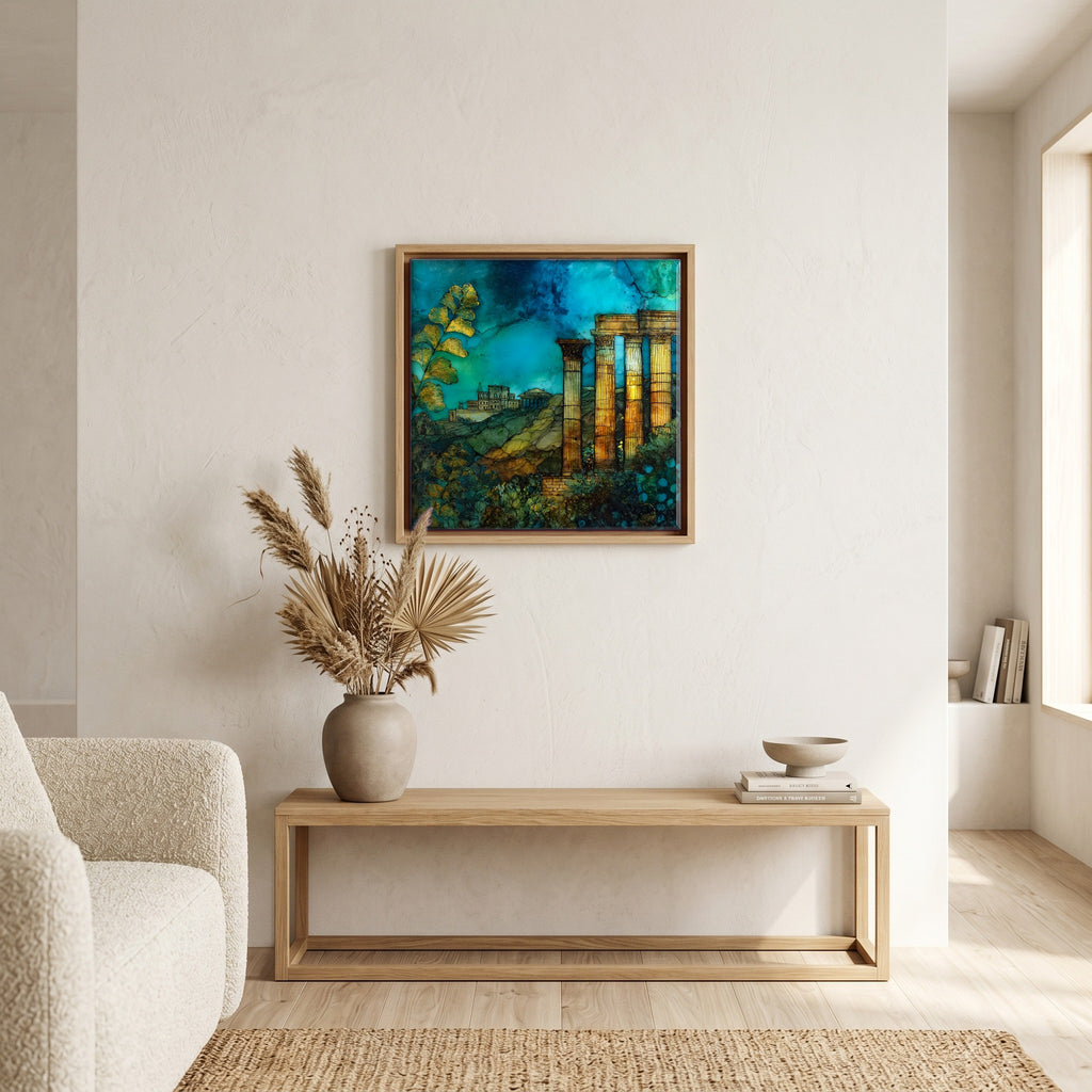 In the living room, above the sofa.