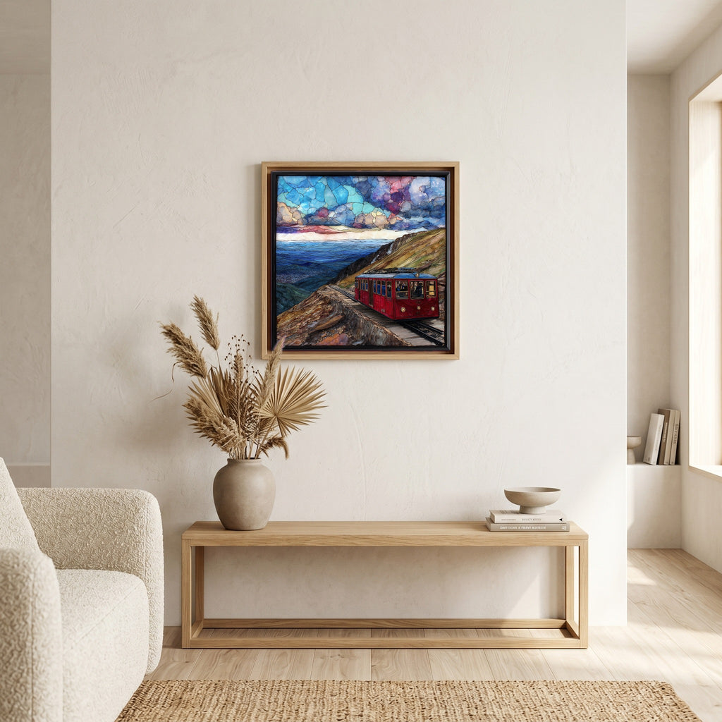In the living room, above the sofa.