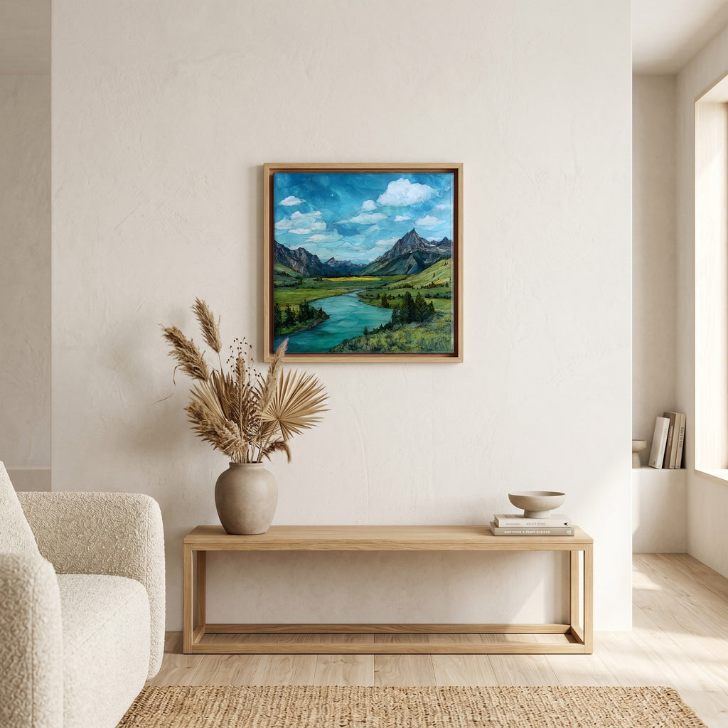 In the living room, above the sofa.