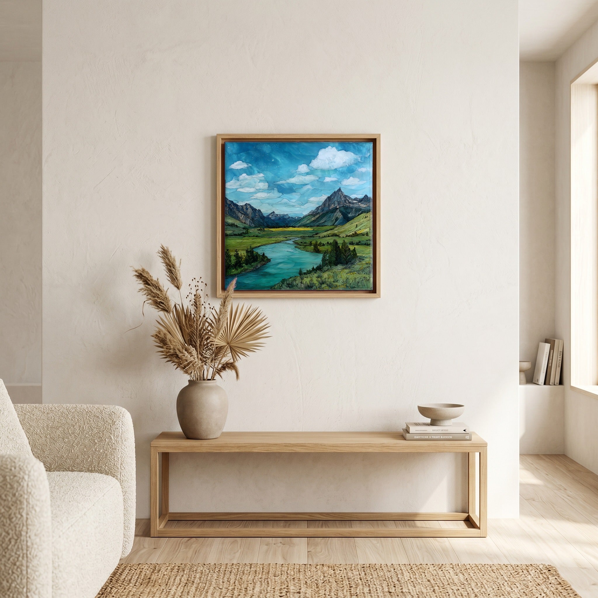 In the living room, above the sofa.