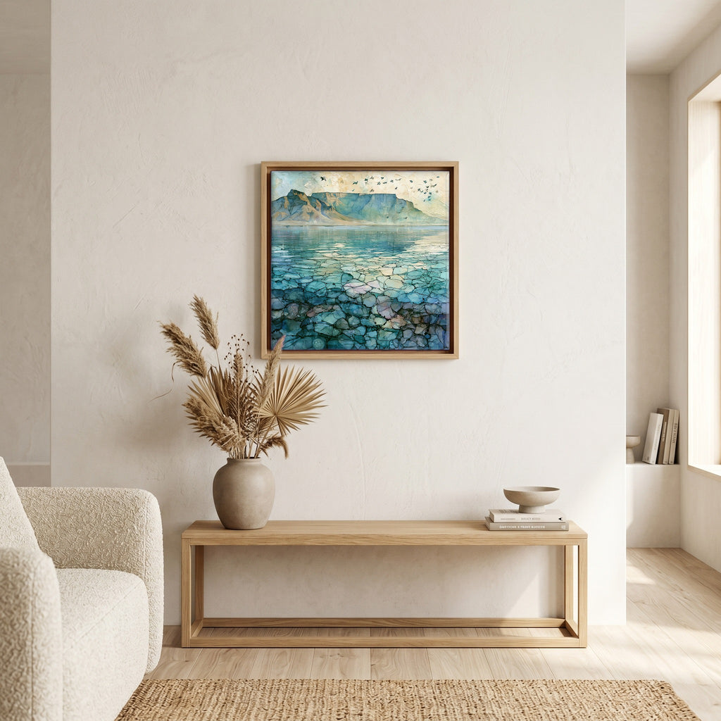In the living room, above the sofa.