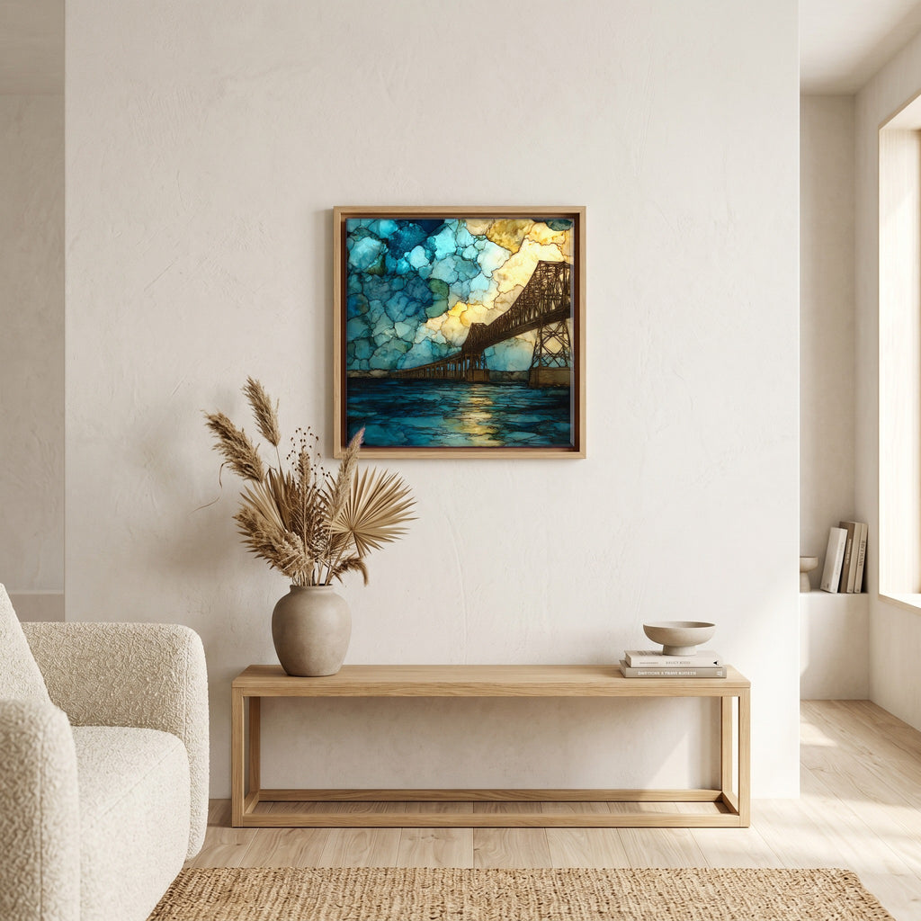 In the living room, above the sofa.