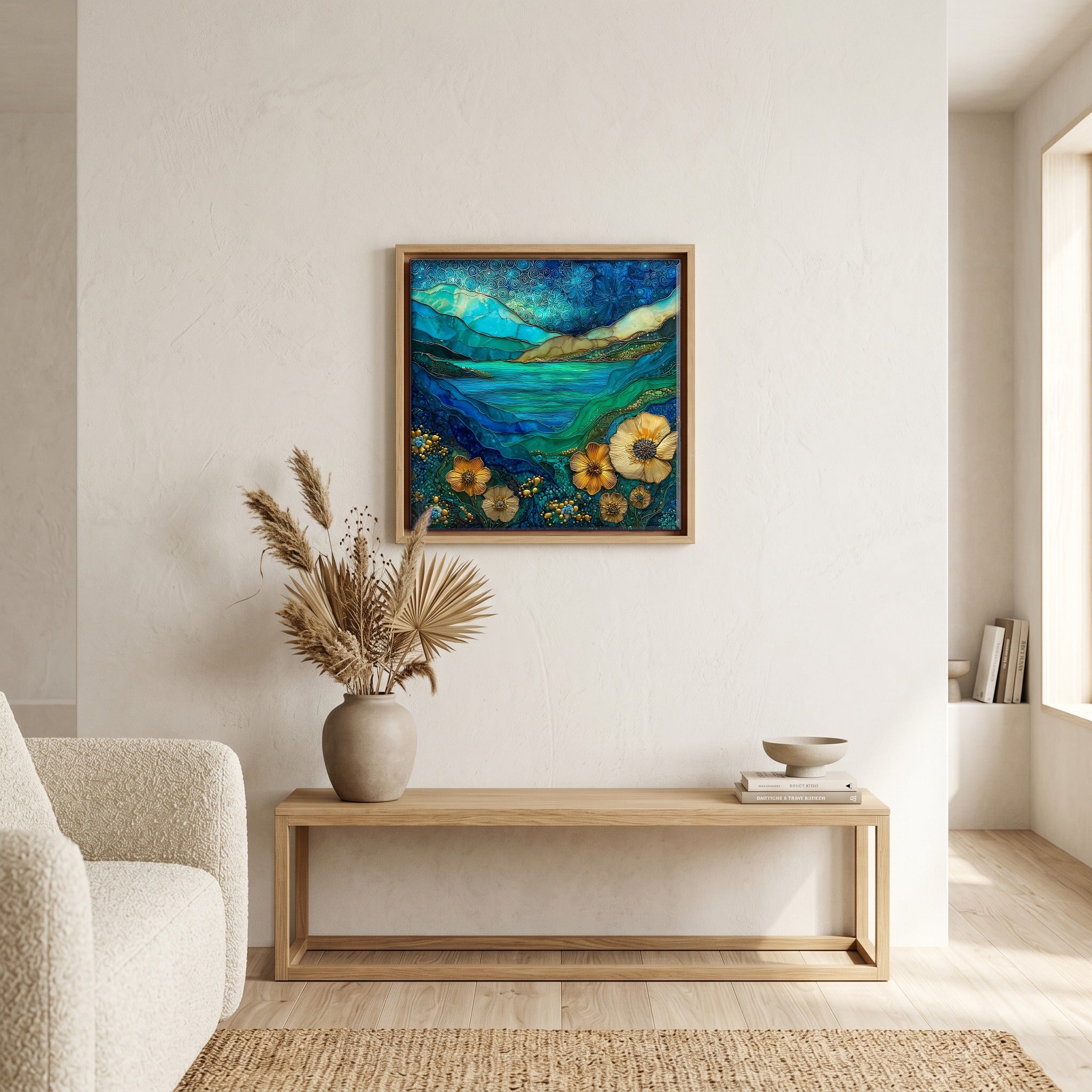 In the living room, above the sofa.