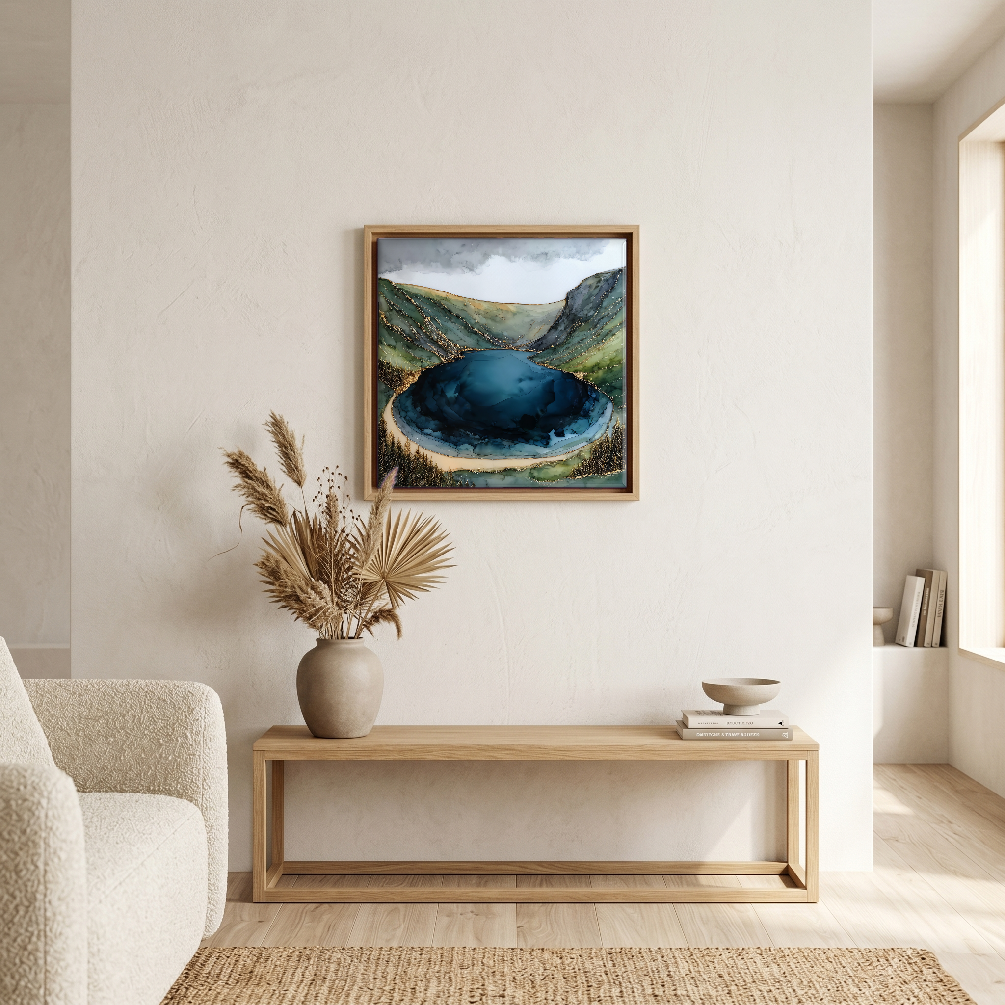 Above the bench, in a warm oak surround.
