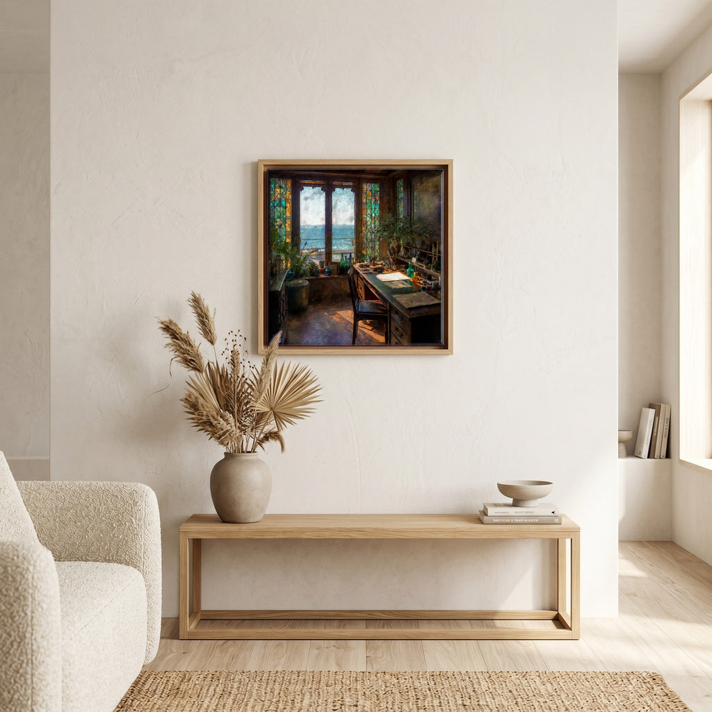 In the living room, above the sofa.