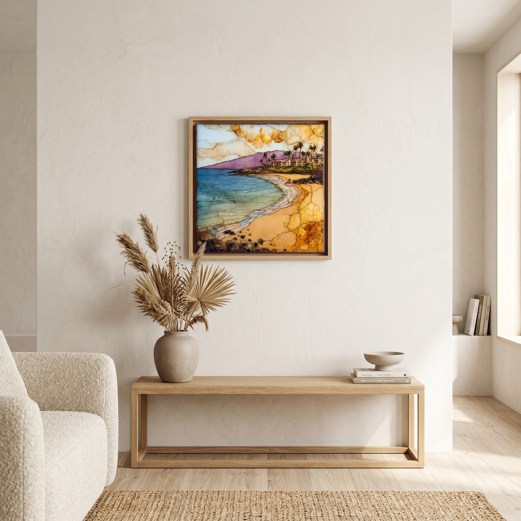 Above the bench, in a warm oak surround.