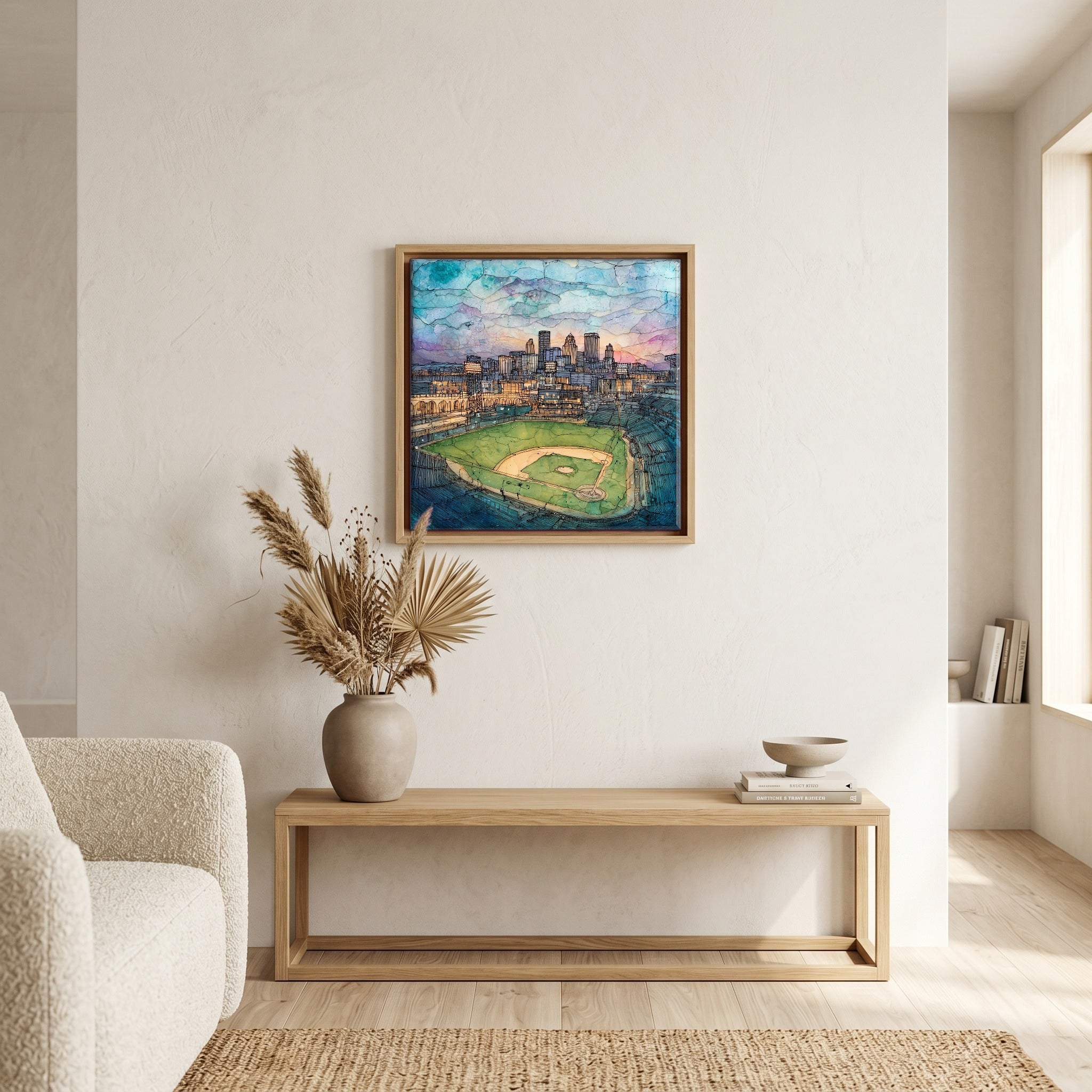 In the living room, above the sofa.