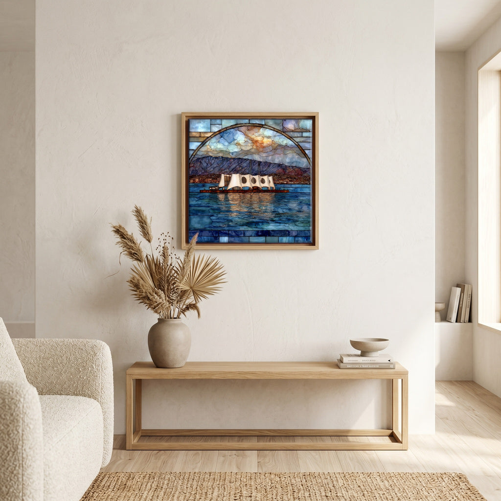 Above the bench, in a warm oak surround.