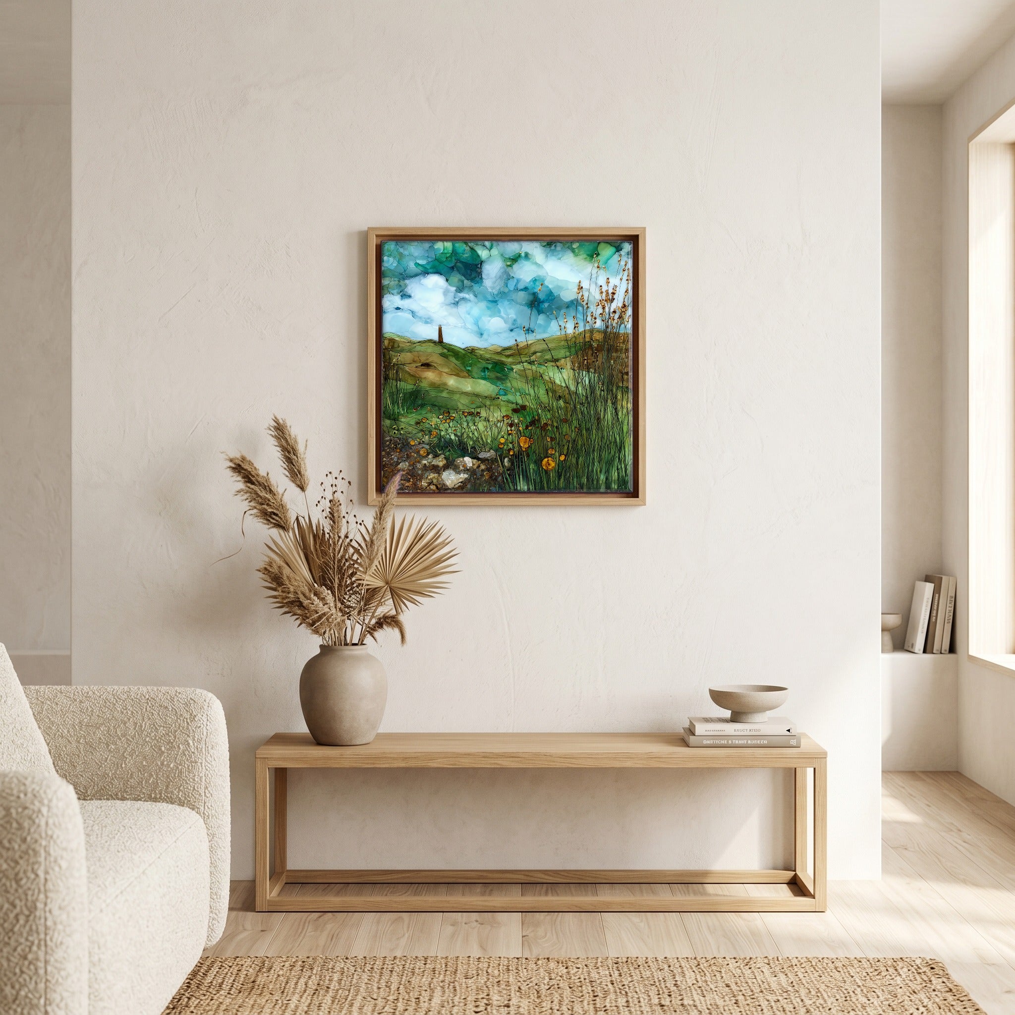 In the living room, above the sofa.