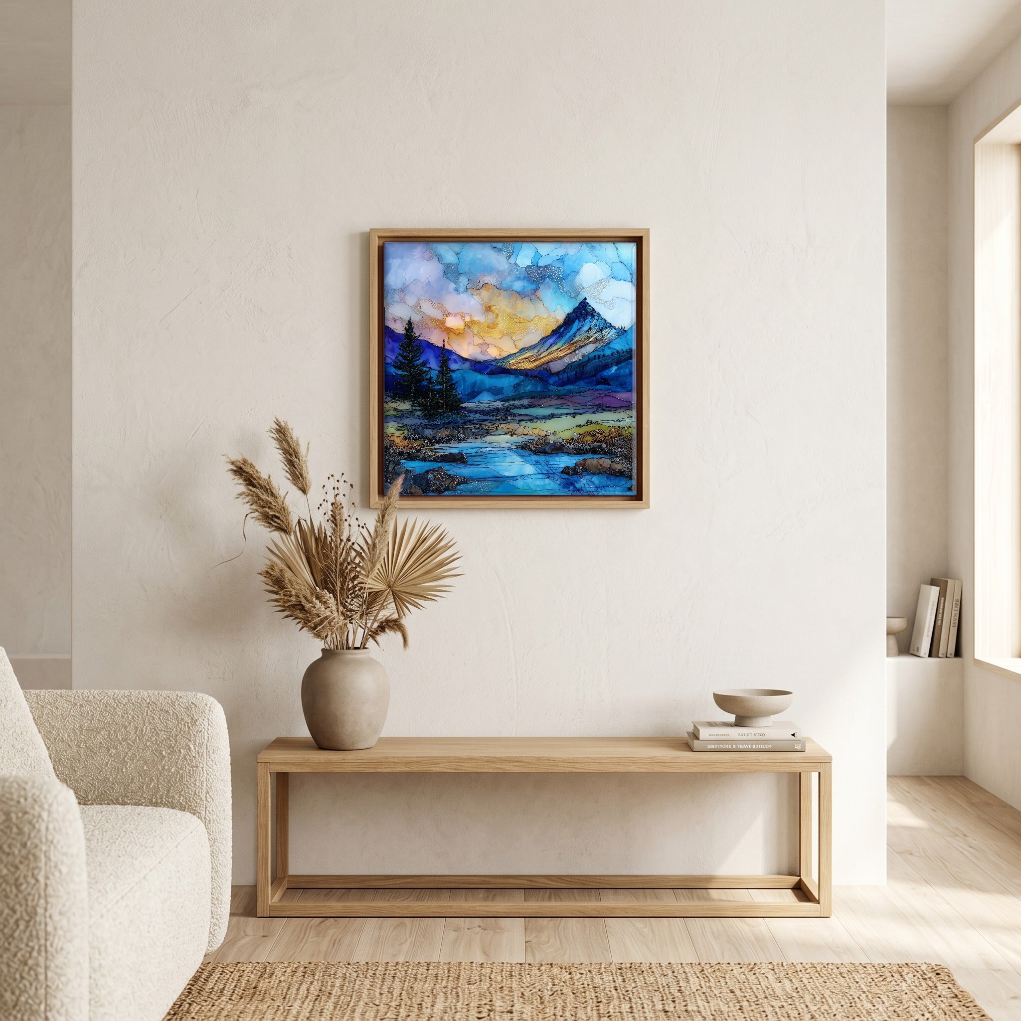 In the living room, above the sofa.