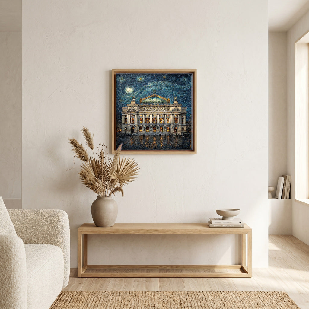 Above the bench, in a warm oak surround.