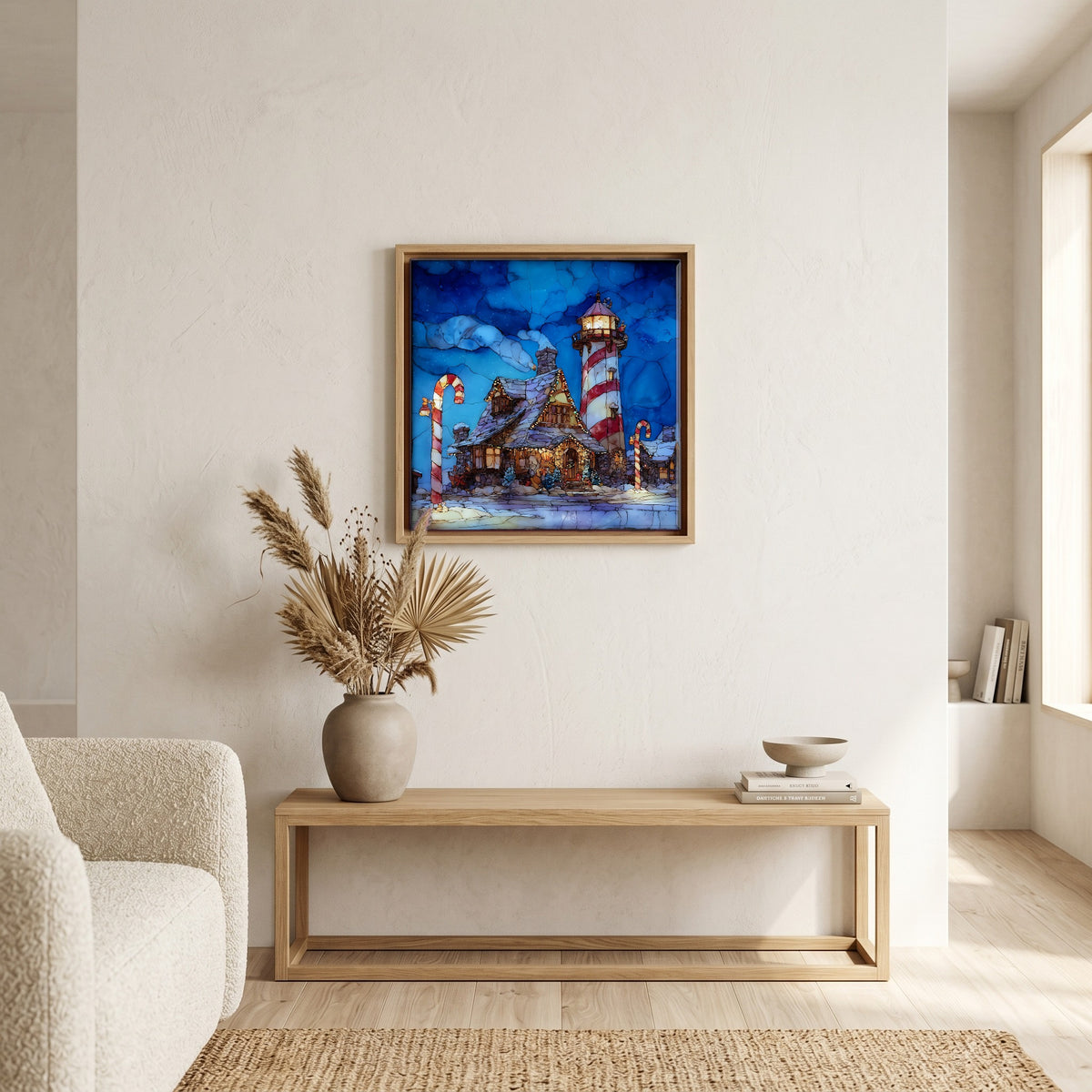 In the living room, above the sofa.