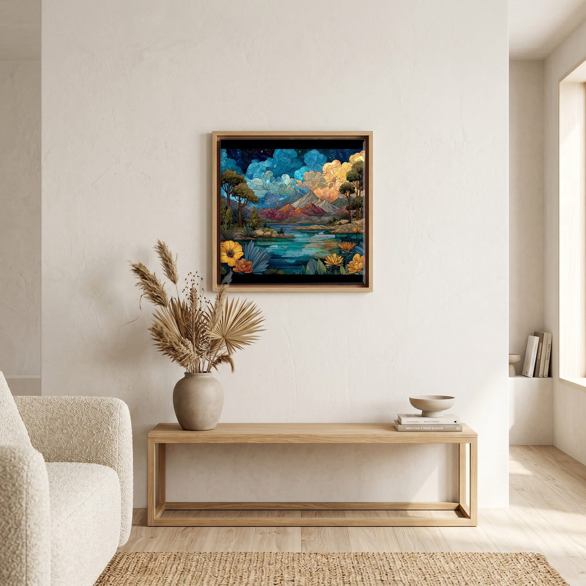 In the living room, above the sofa.