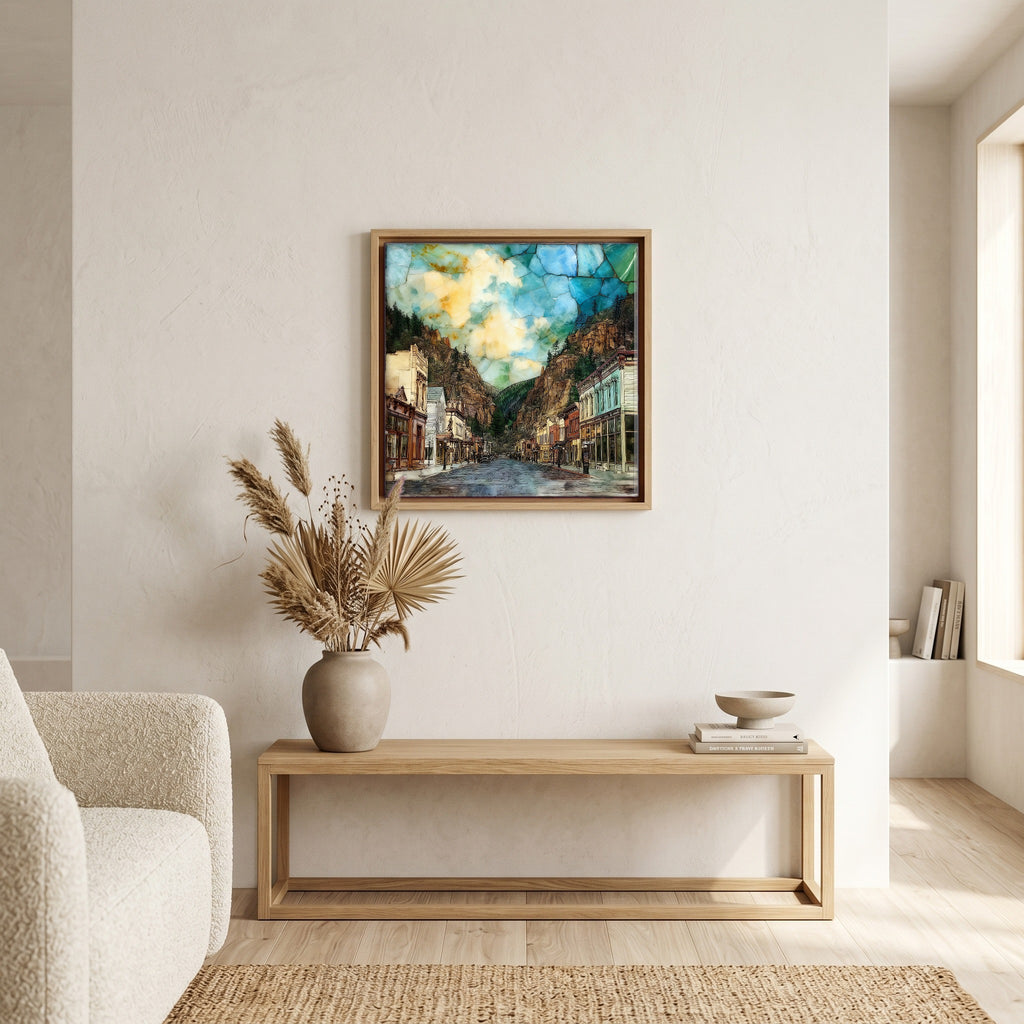 In the living room, above the sofa.