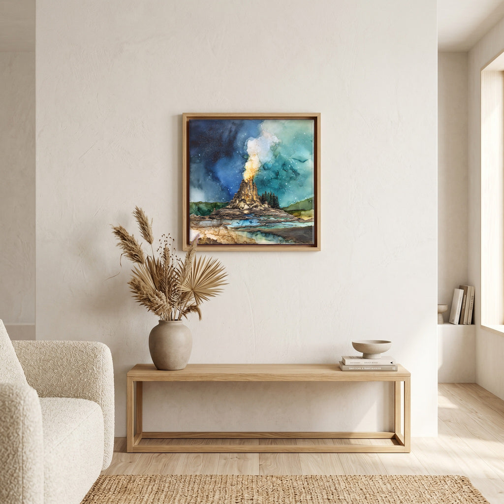 In the living room, above the sofa.