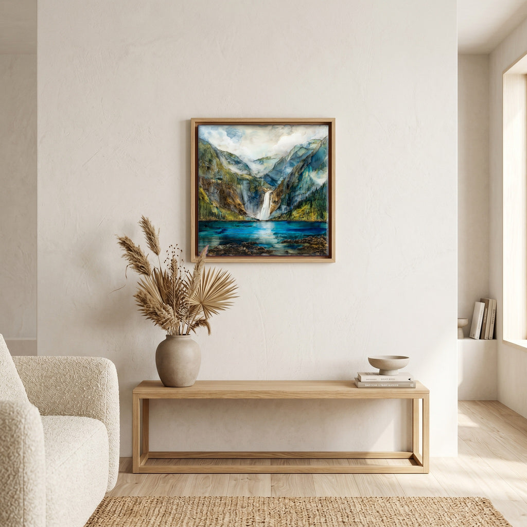 In the living room, above the sofa.