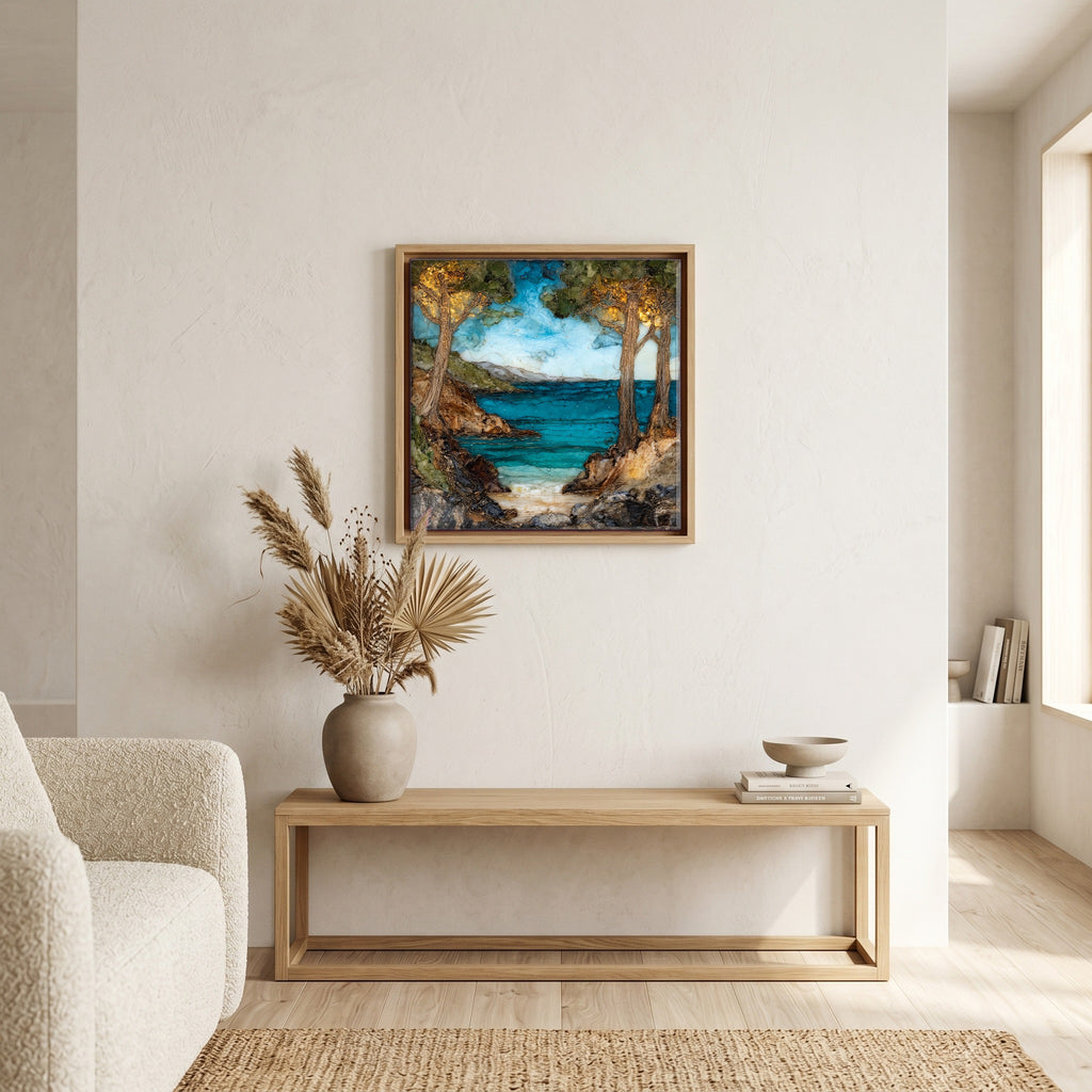 In the living room, above the sofa.