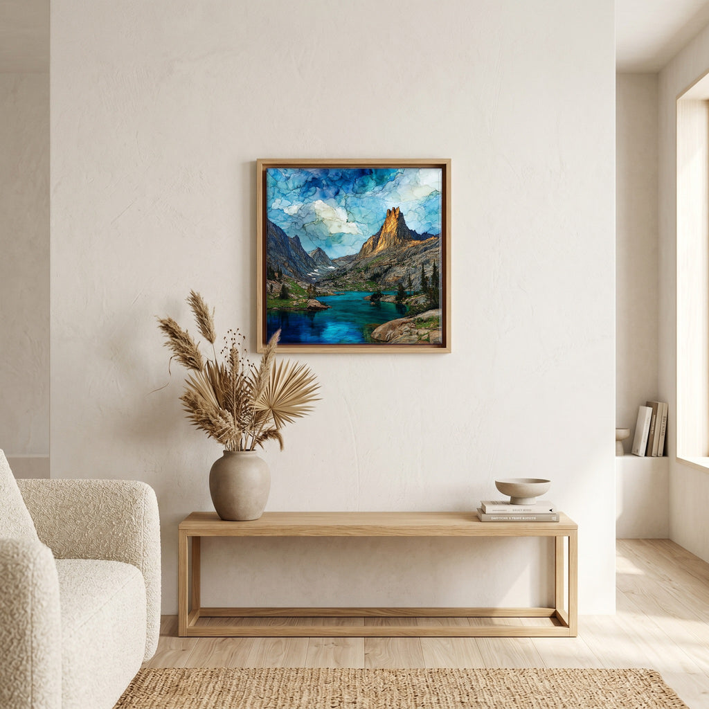 In the living room, above the sofa.