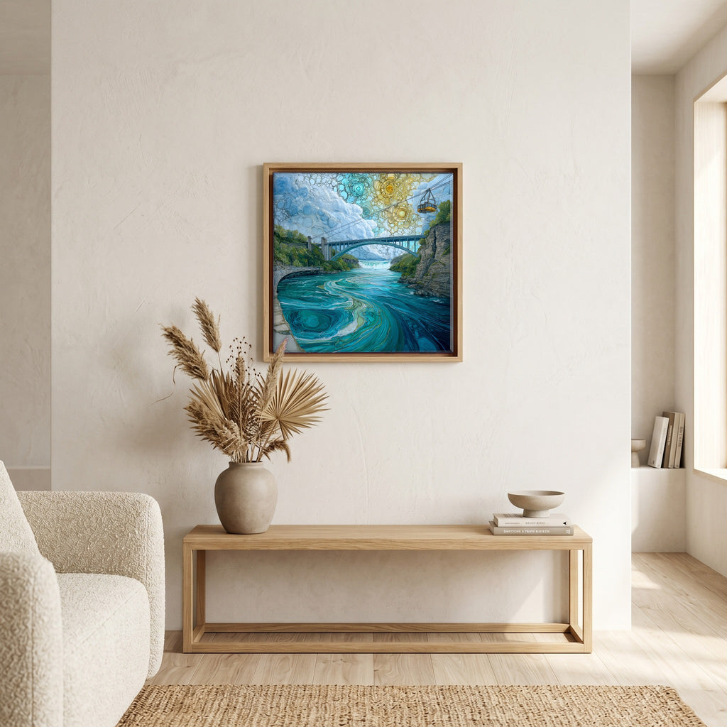 In the living room, above the sofa.
