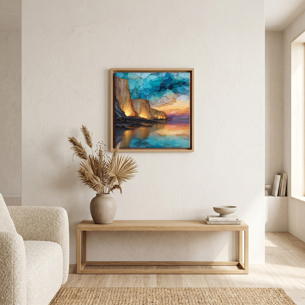 Above the bench, in a warm oak surround.
