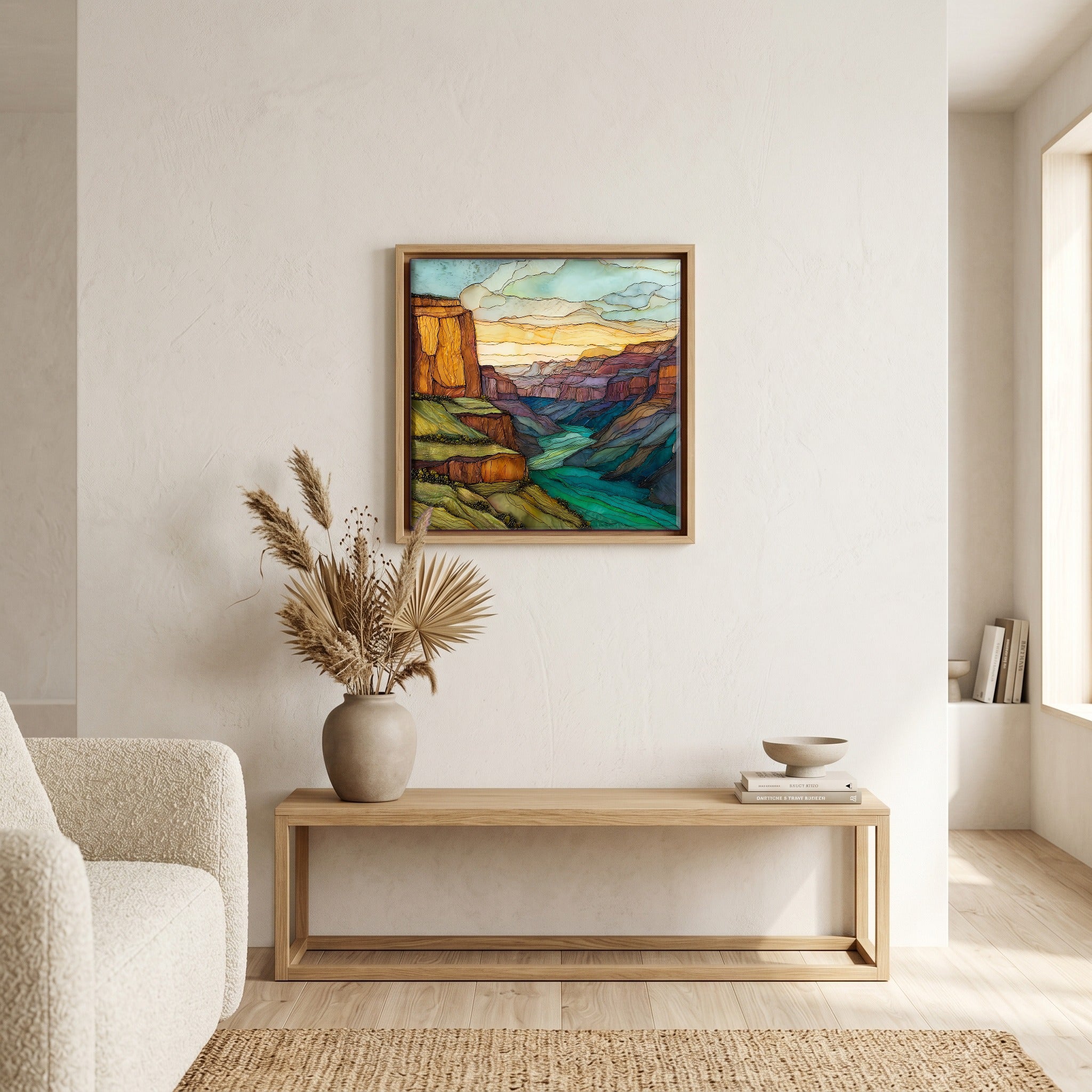 In the living room, above the sofa.