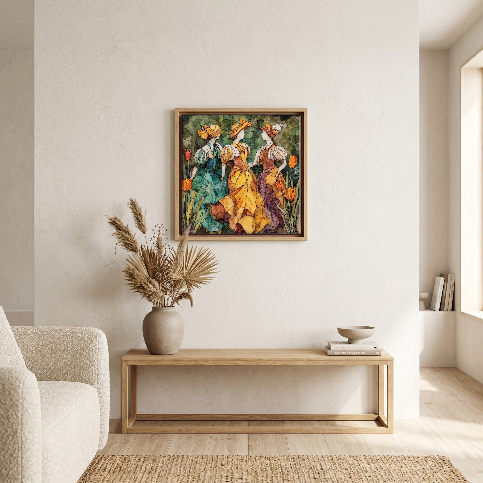 In the living room, above the sofa.