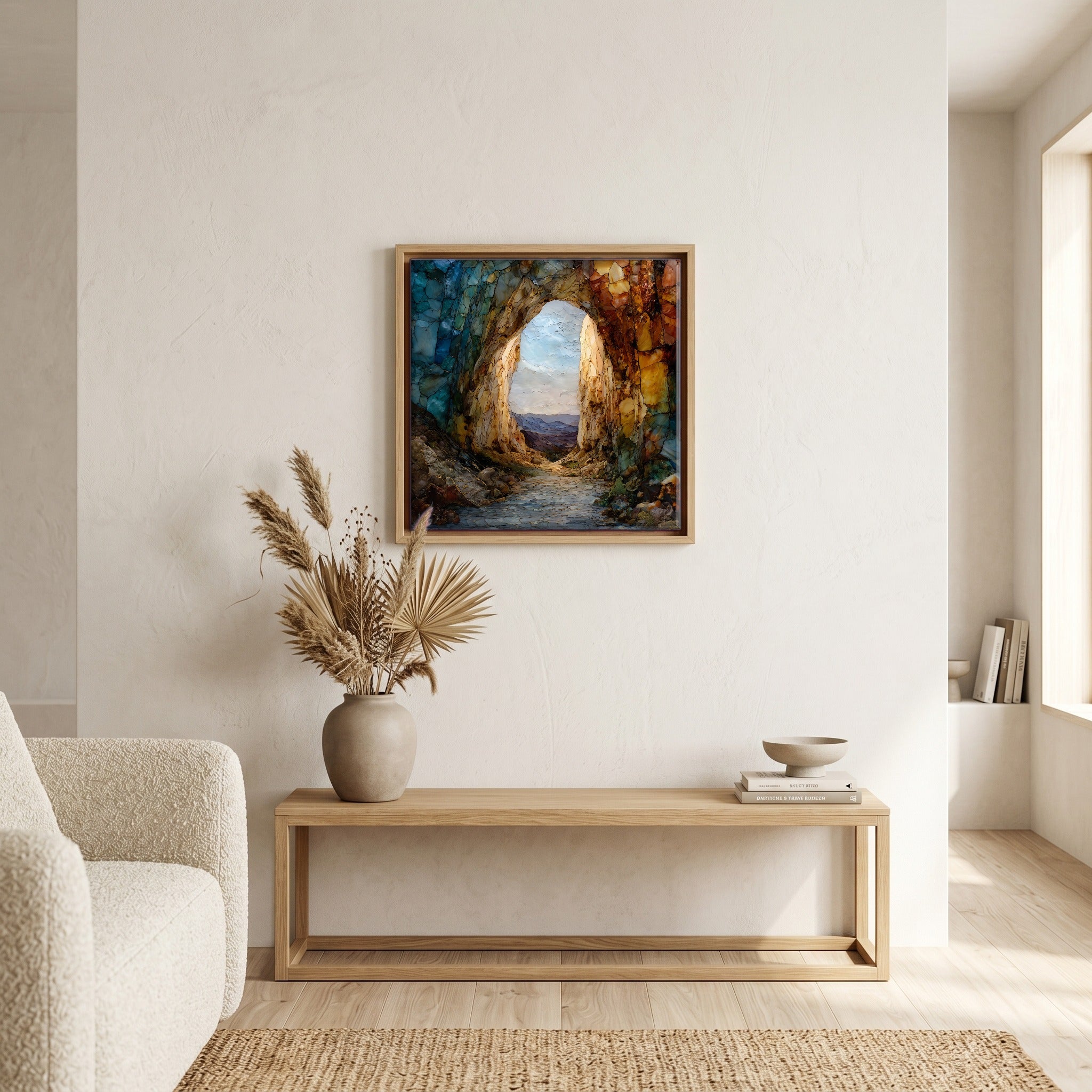 In the living room, above the sofa.