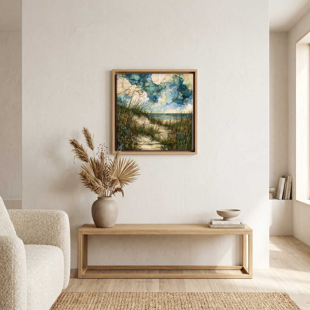 In the living room, above the sofa.