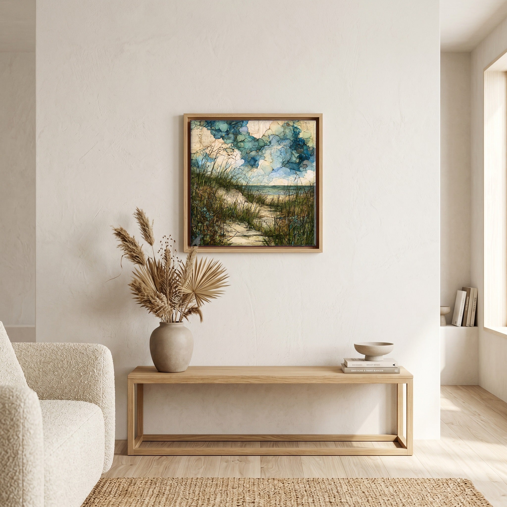 In the living room, above the sofa.