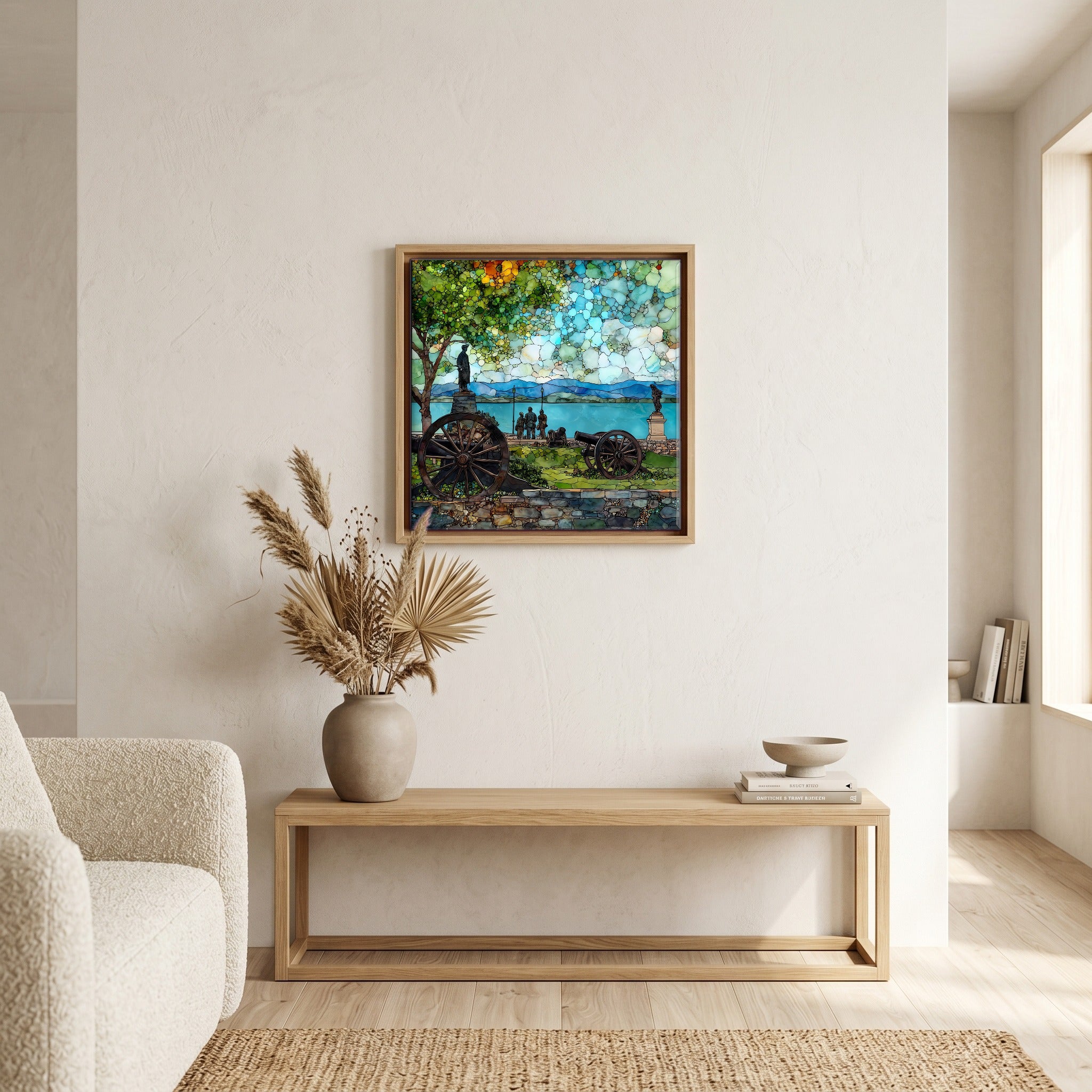 In the living room, above the sofa.