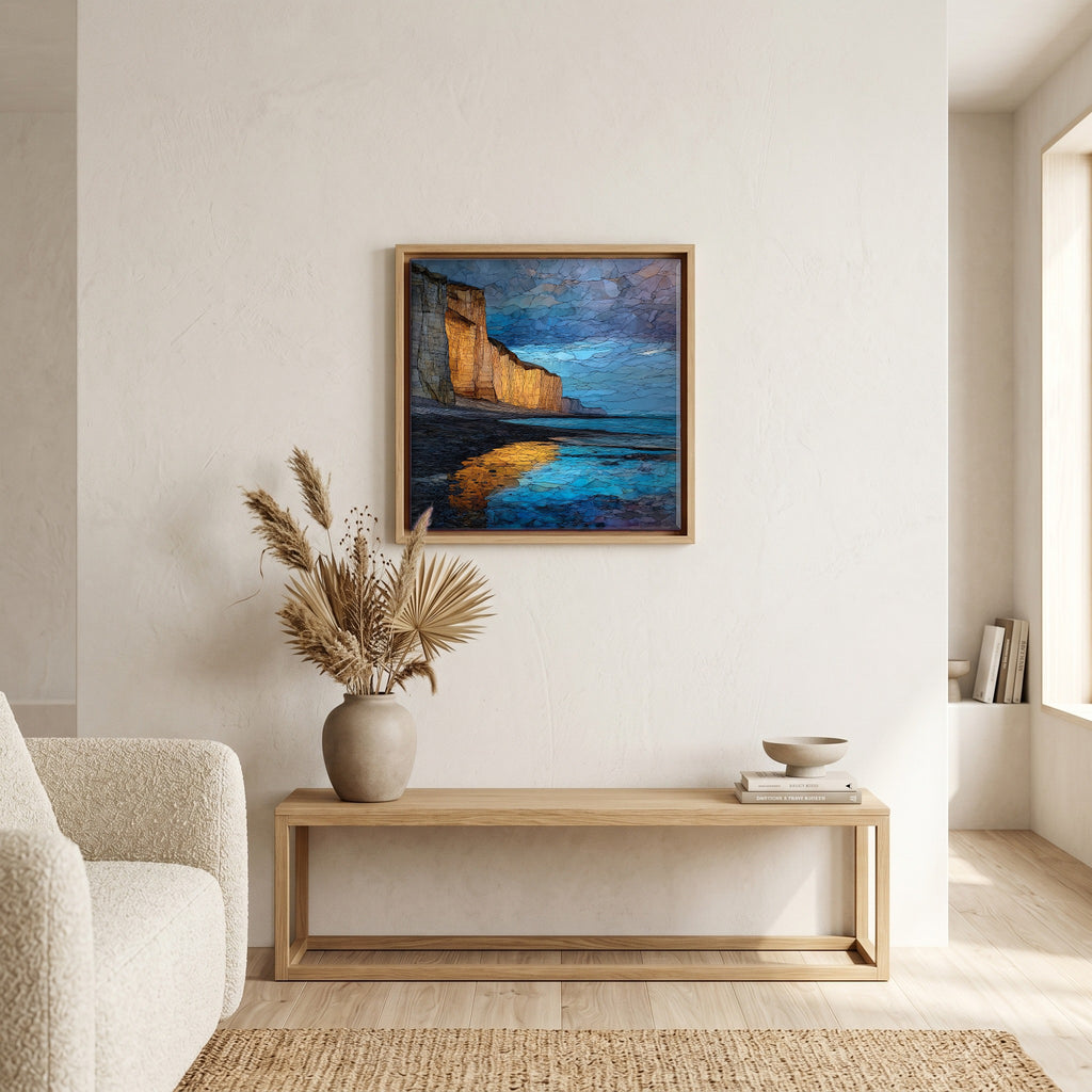 Above the bench, in a warm oak surround.