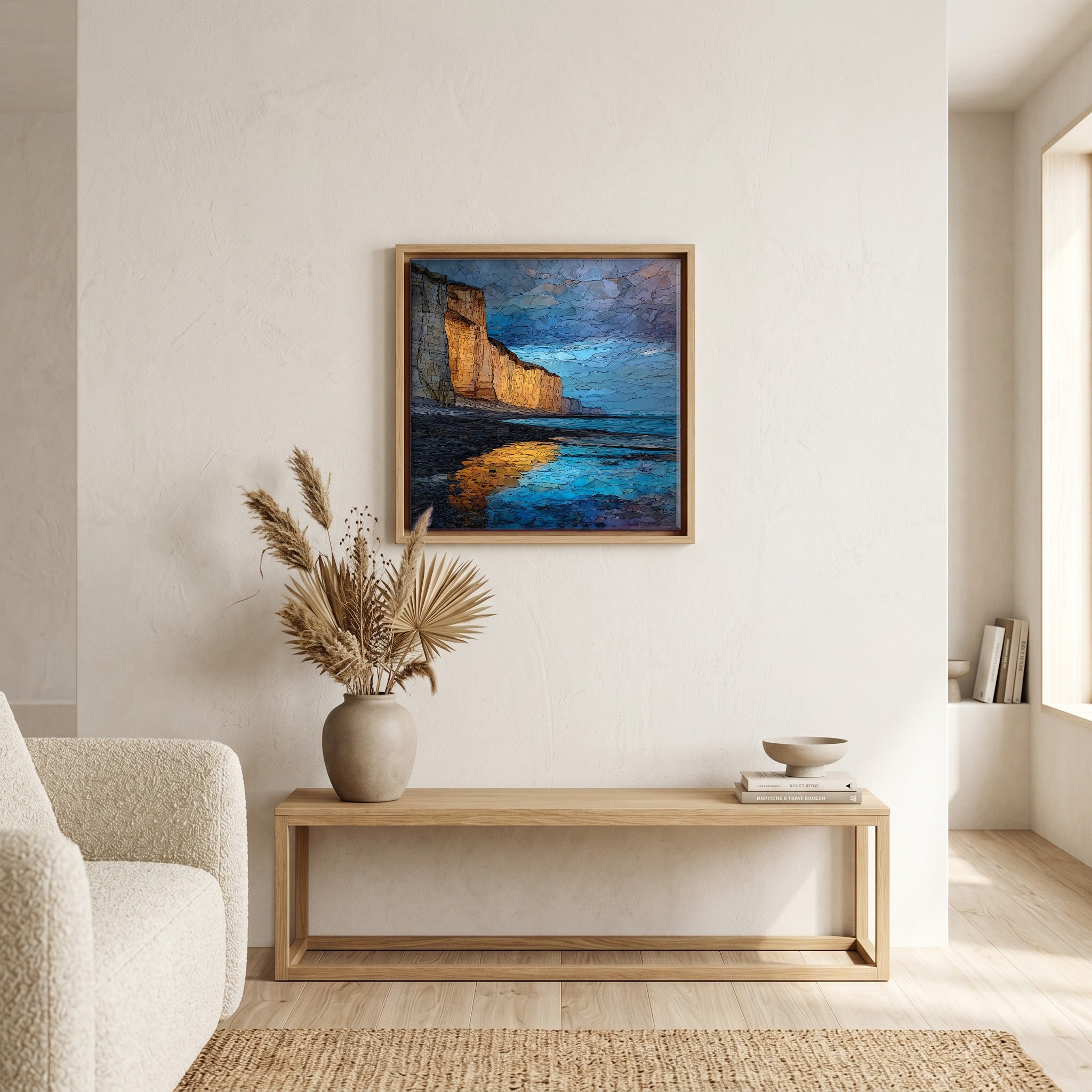 Above the bench, in a warm oak surround.