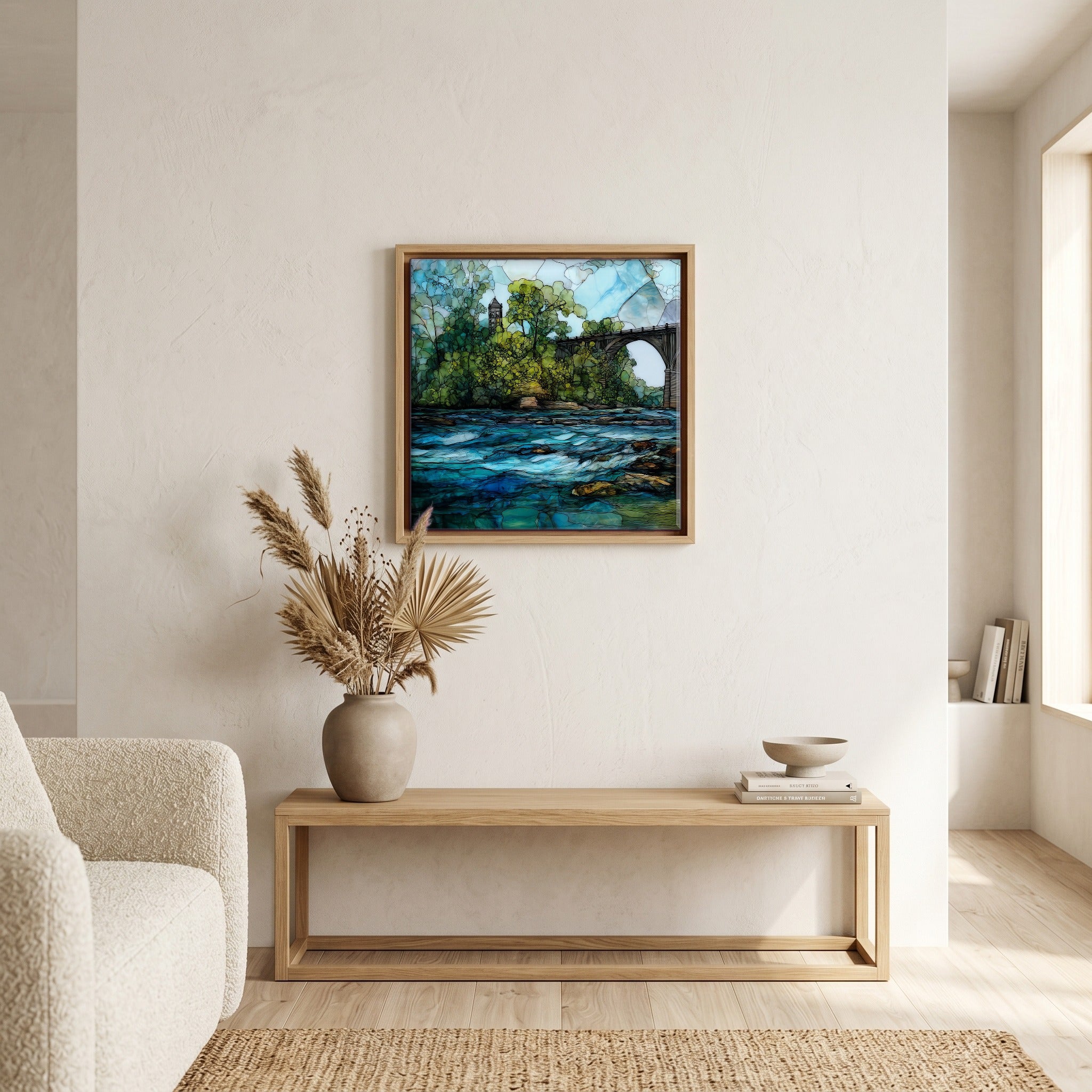 In the living room, above the sofa.
