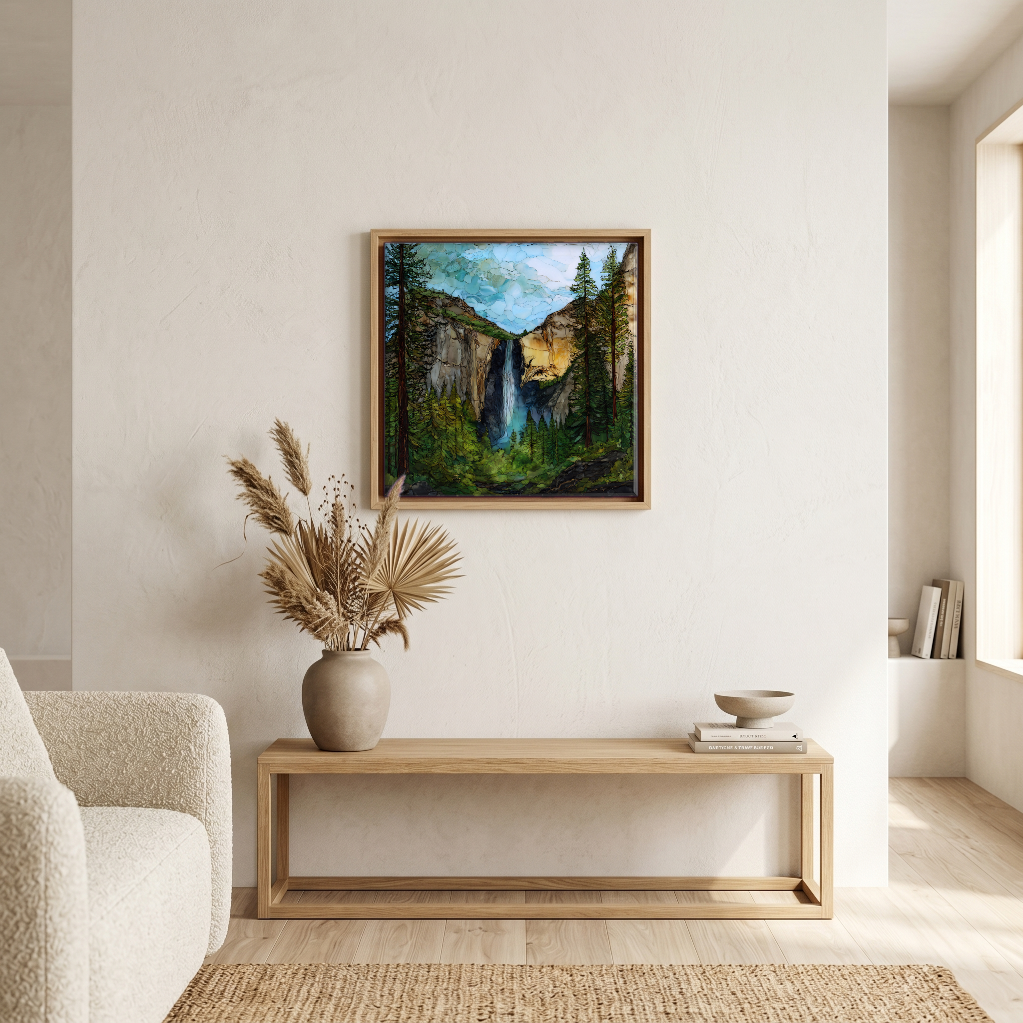 Above the bench, in a warm oak surround.