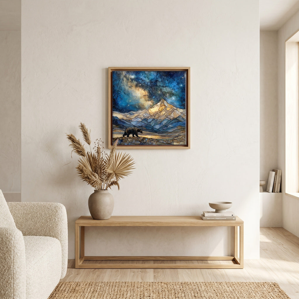In the living room, above the sofa.