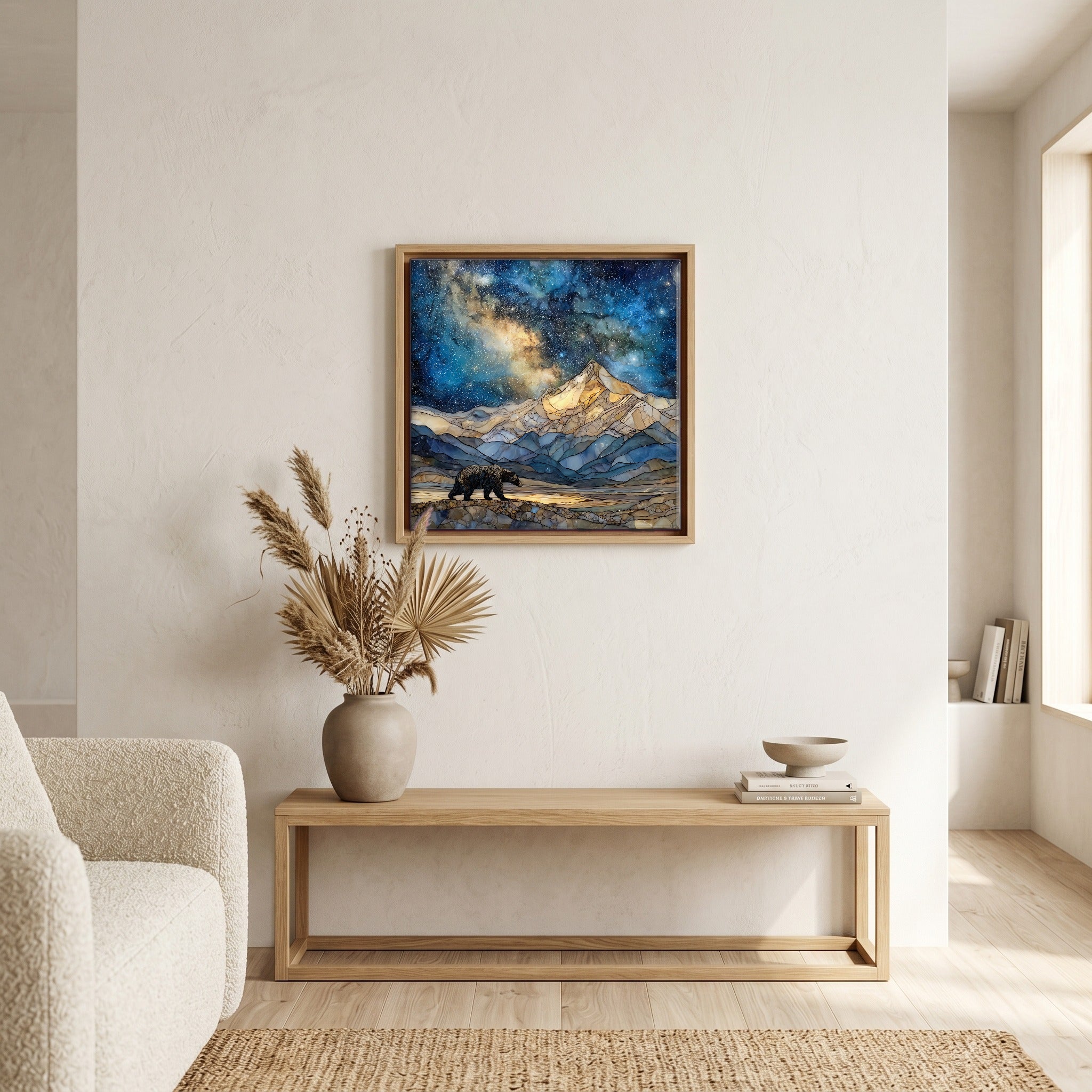 In the living room, above the sofa.