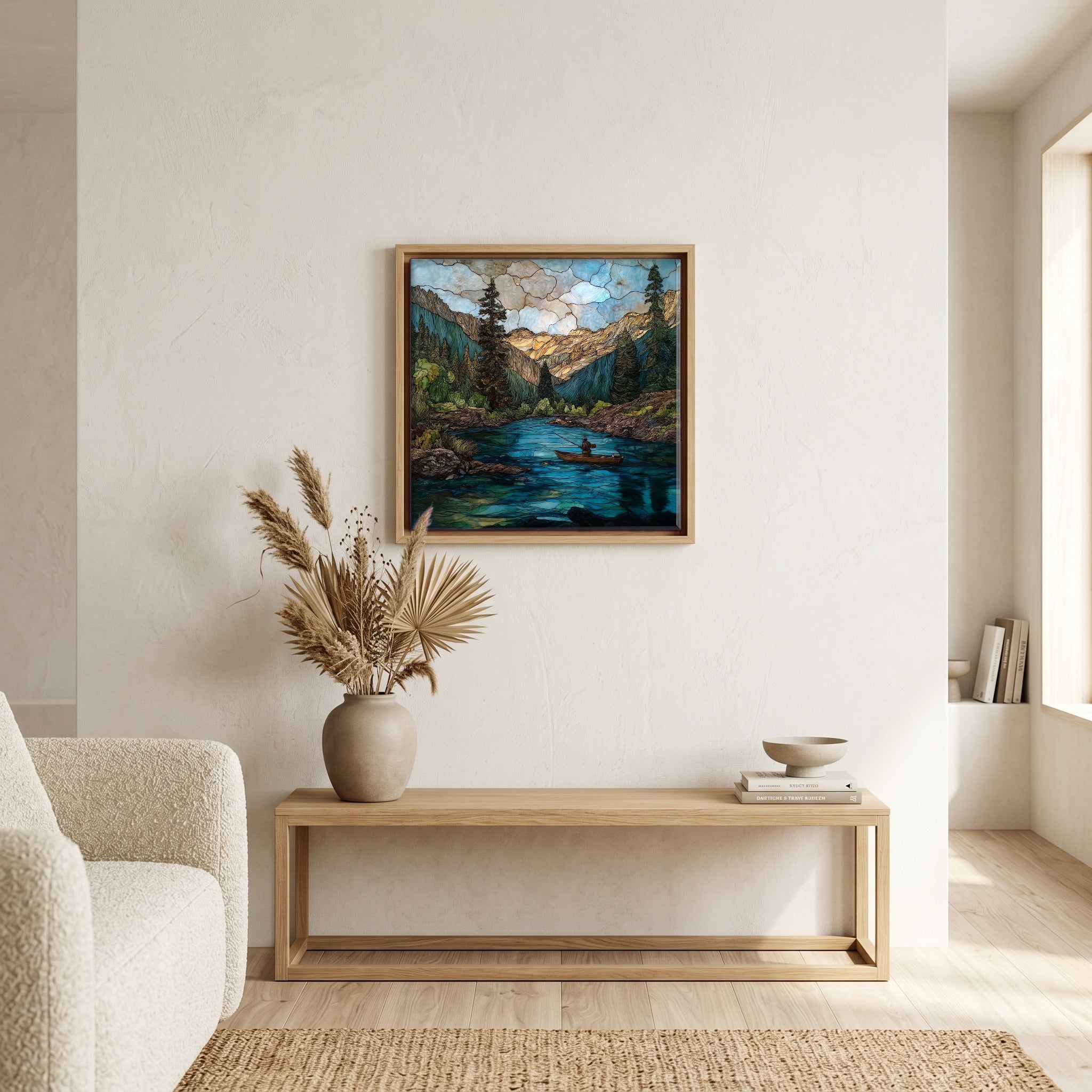 In the living room, above the sofa.