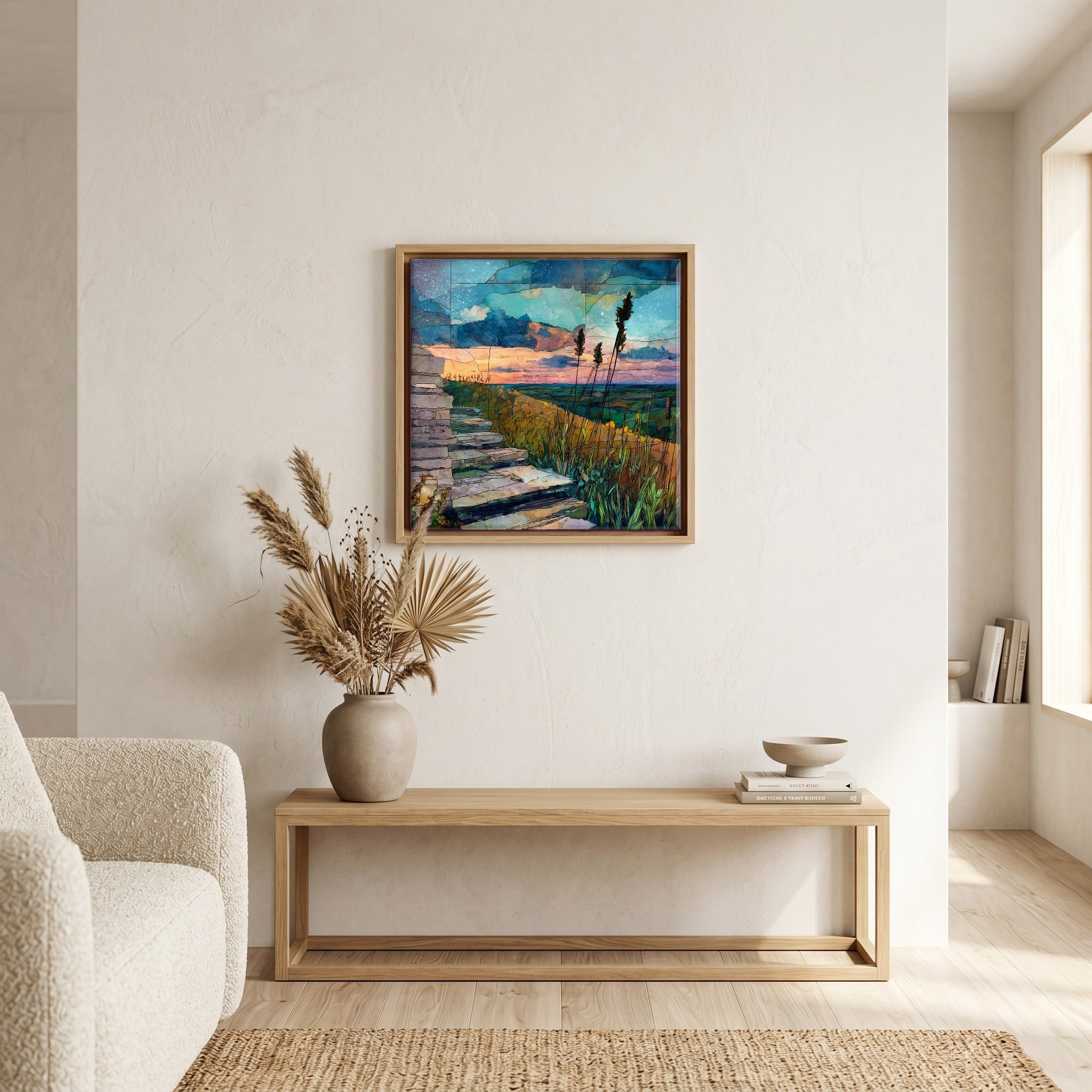 In the living room, above the sofa.