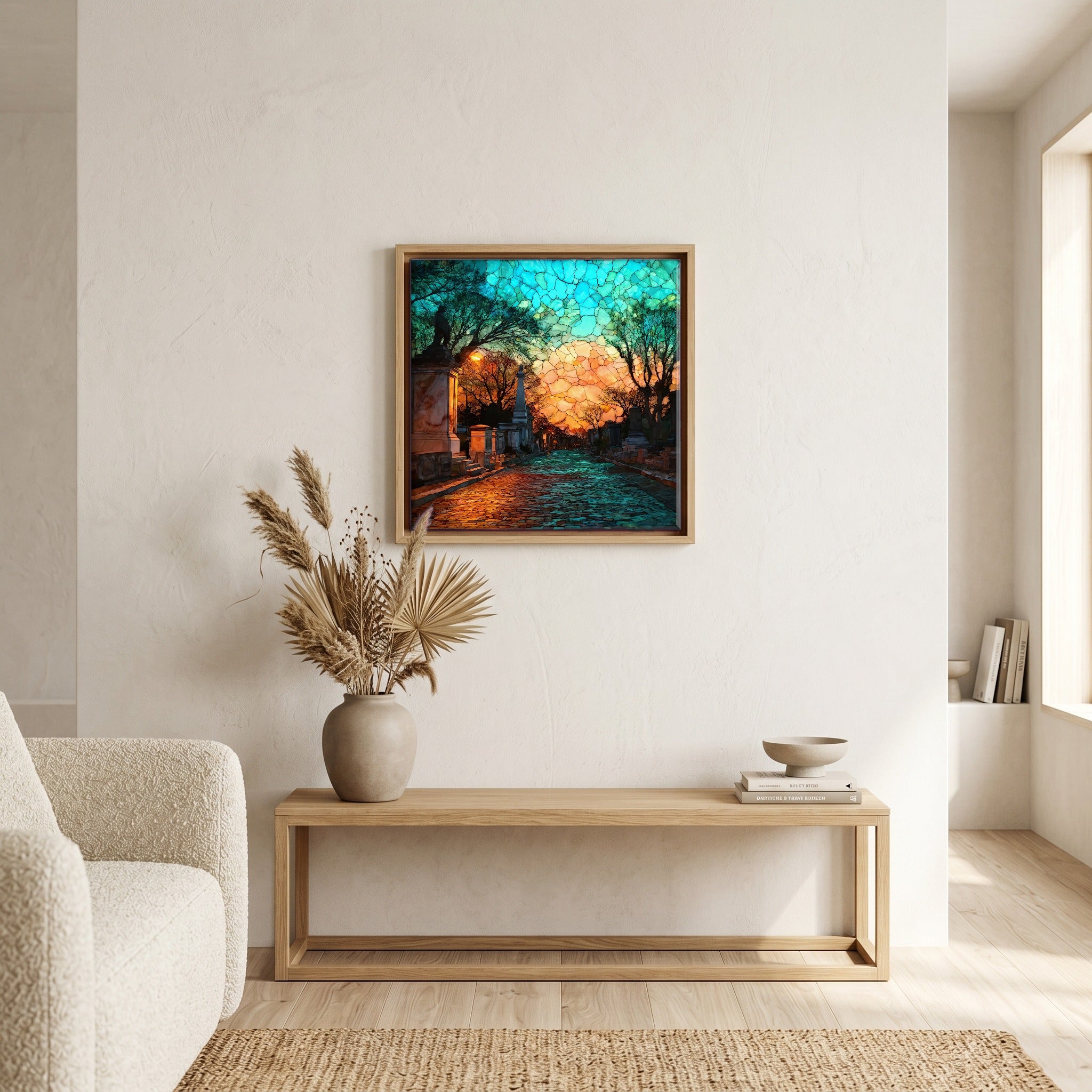 Above the bench, in a warm oak surround.