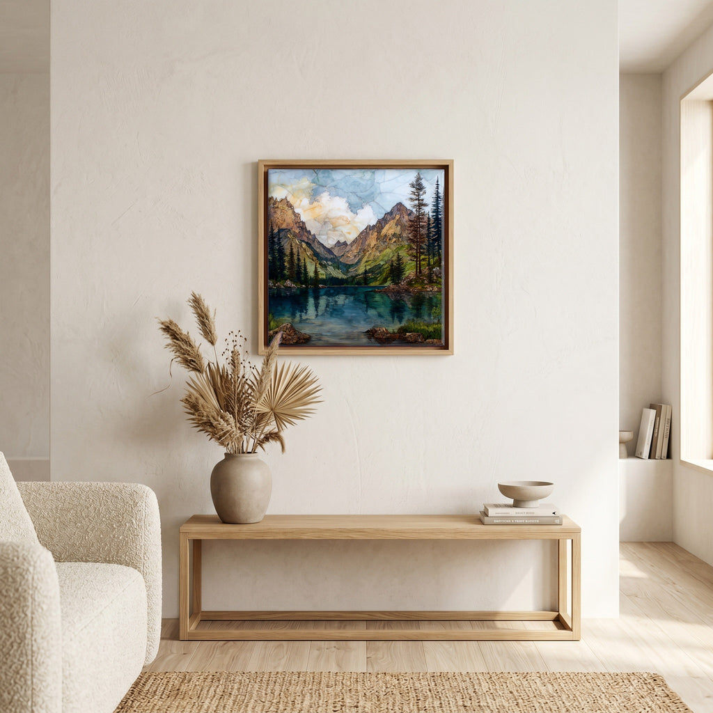 In the living room, above the sofa.