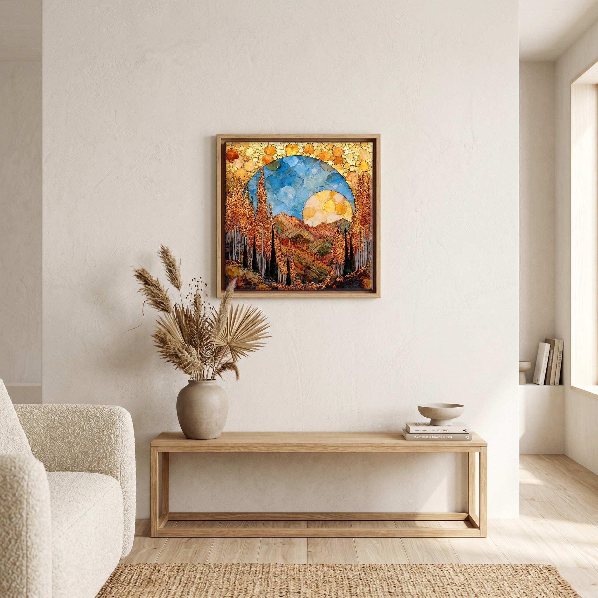 In the living room, above the sofa.