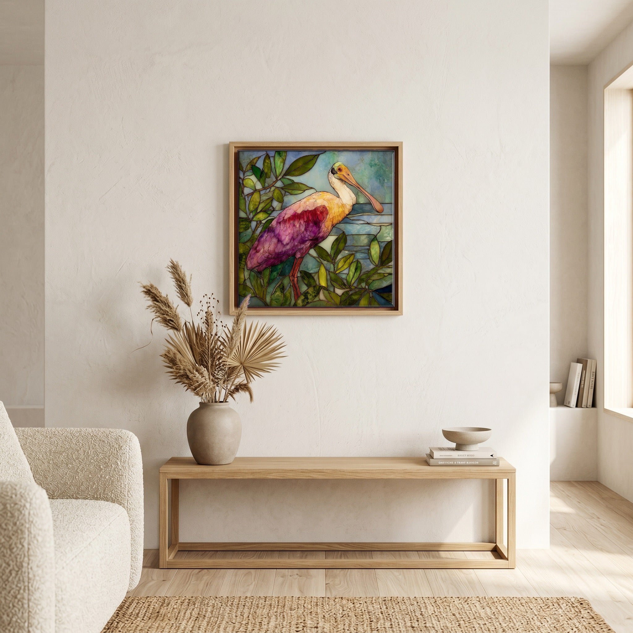 In the living room, above the sofa.